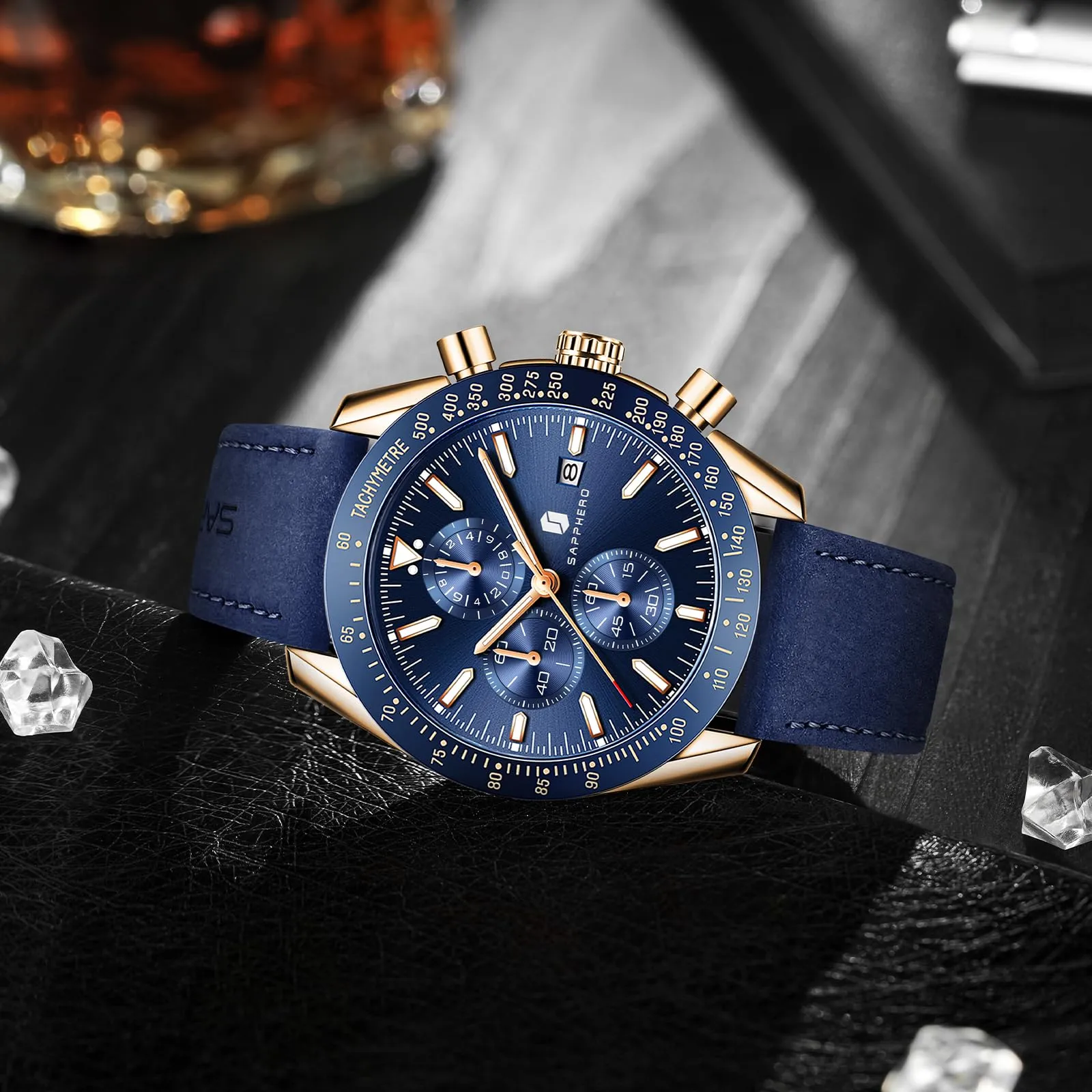 BENYAR BY5140 Orologio da Uomo Cronografo Analogico al Quarzo, Cinturino in Pelle, 50M Impermeabile, Oro Rosa Blu - immagine 4
