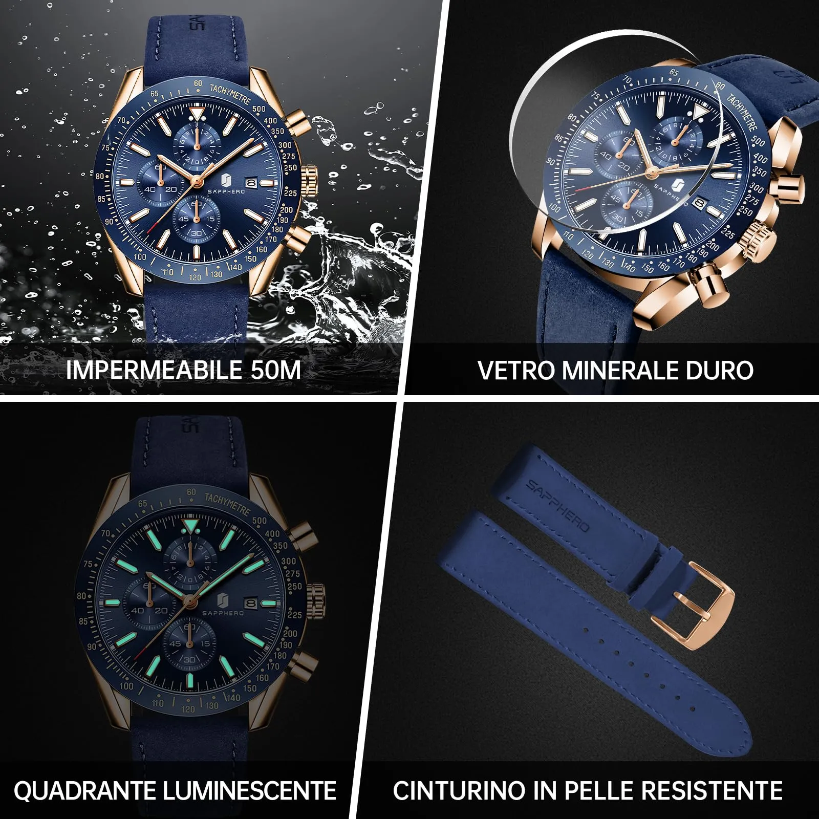 BENYAR BY5140 Orologio da Uomo Cronografo Analogico al Quarzo, Cinturino in Pelle, 50M Impermeabile, Oro Rosa Blu - immagine 5