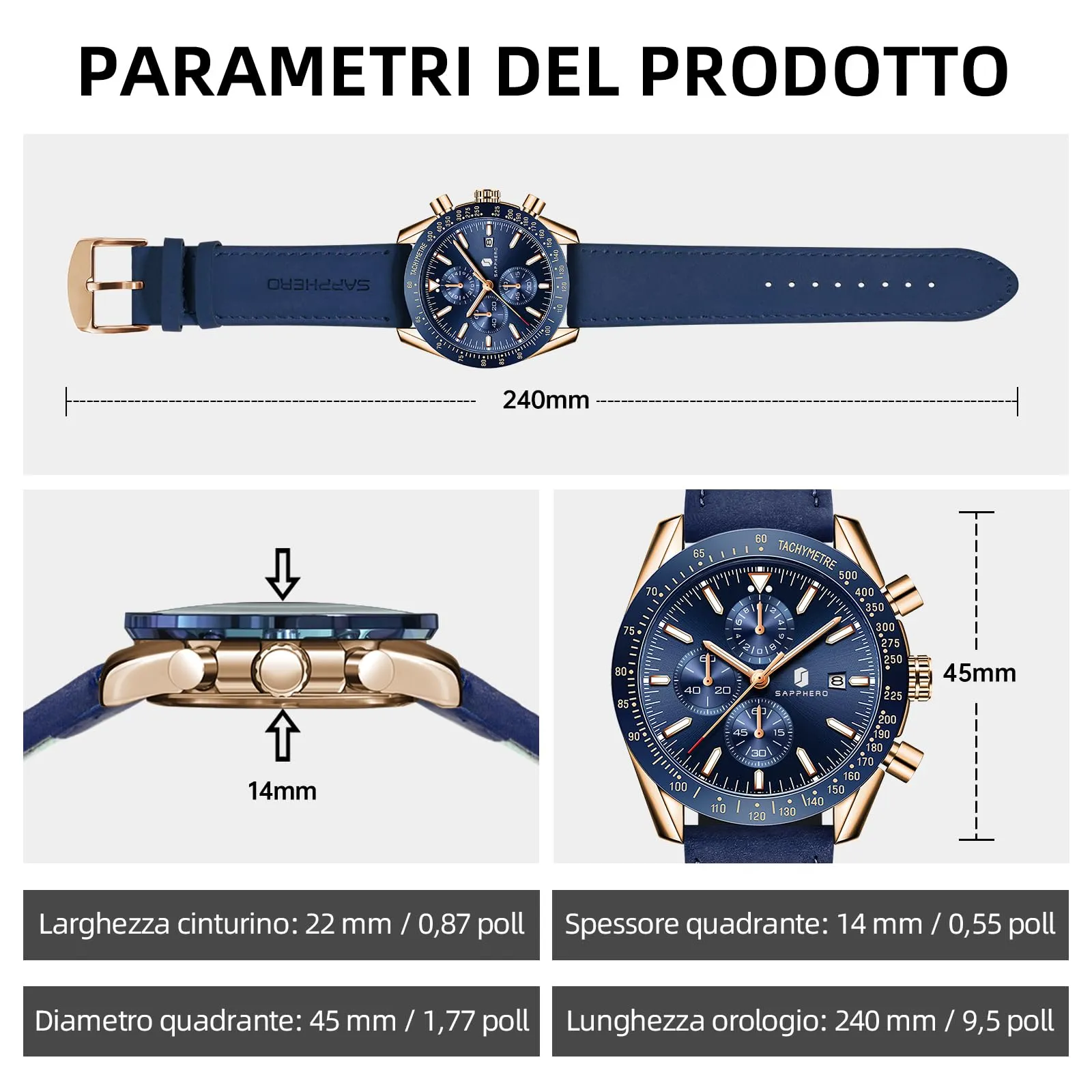 BENYAR BY5140 Orologio da Uomo Cronografo Analogico al Quarzo, Cinturino in Pelle, 50M Impermeabile, Oro Rosa Blu - immagine 6
