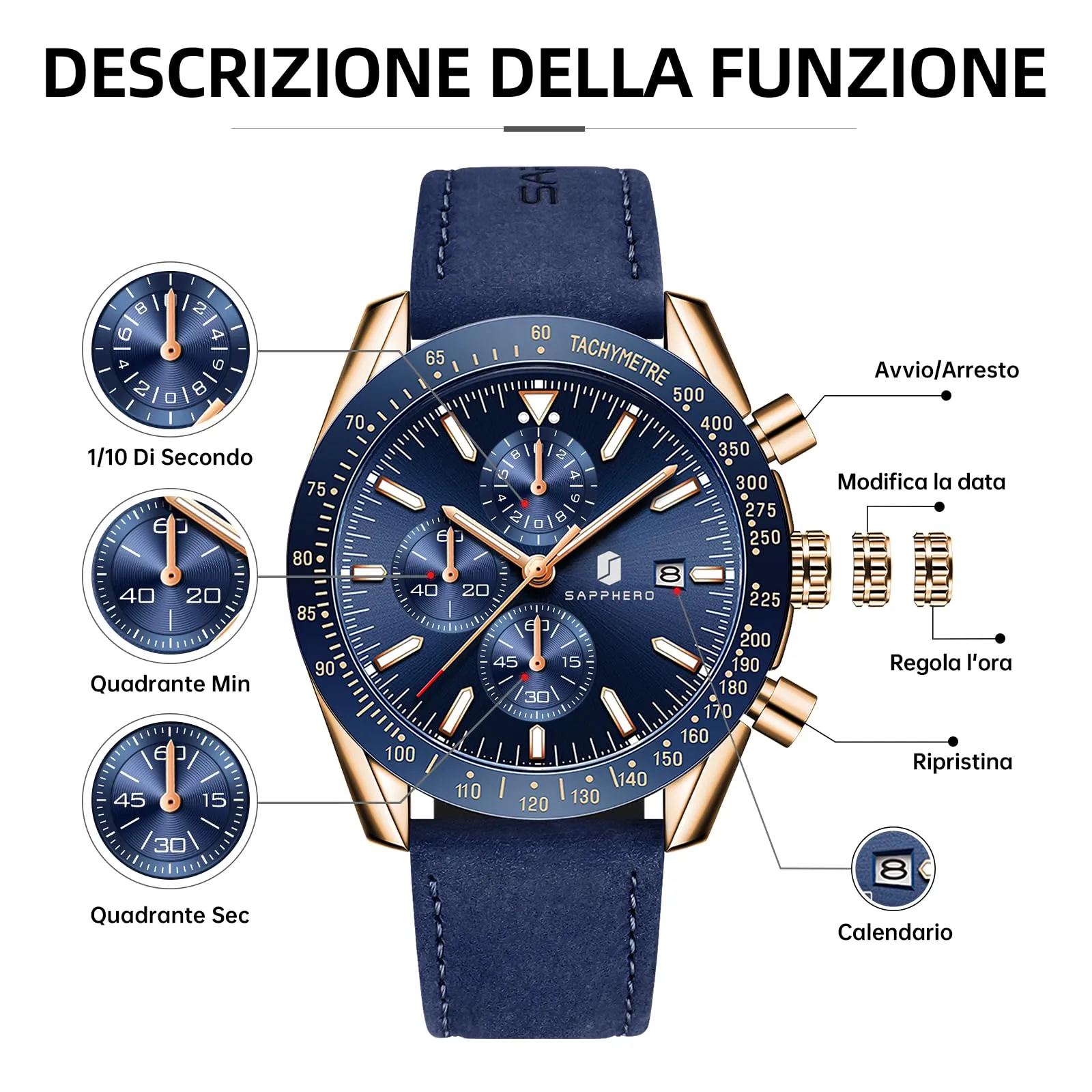 BENYAR BY5140 Orologio da Uomo Cronografo Analogico al Quarzo, Cinturino in Pelle, 50M Impermeabile, Oro Rosa Blu - immagine 7