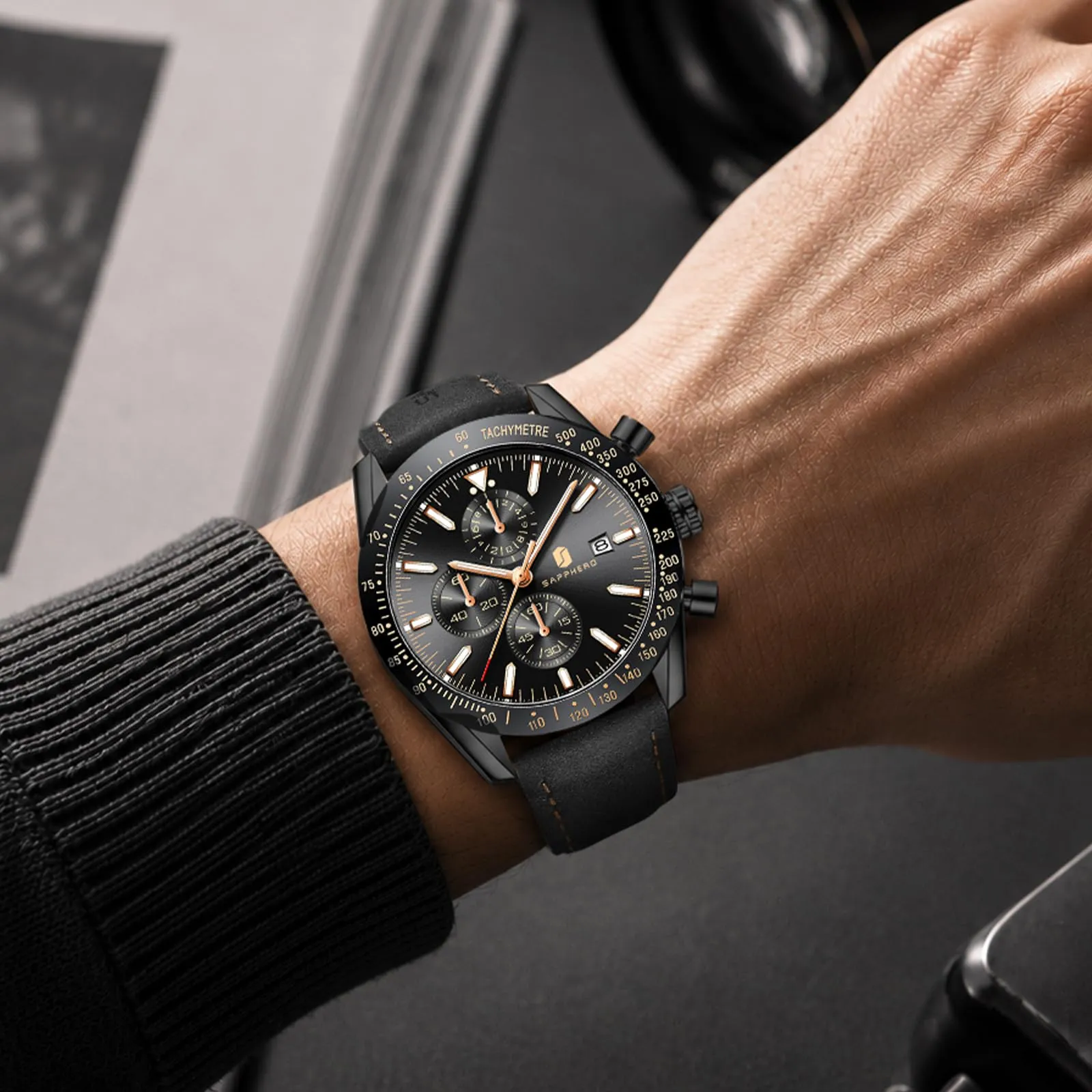 BENYAR BY5140 Orologio da Uomo Cronografo Analogico al Quarzo, Cinturino in Pelle, 50M Impermeabile, Nero - immagine 2