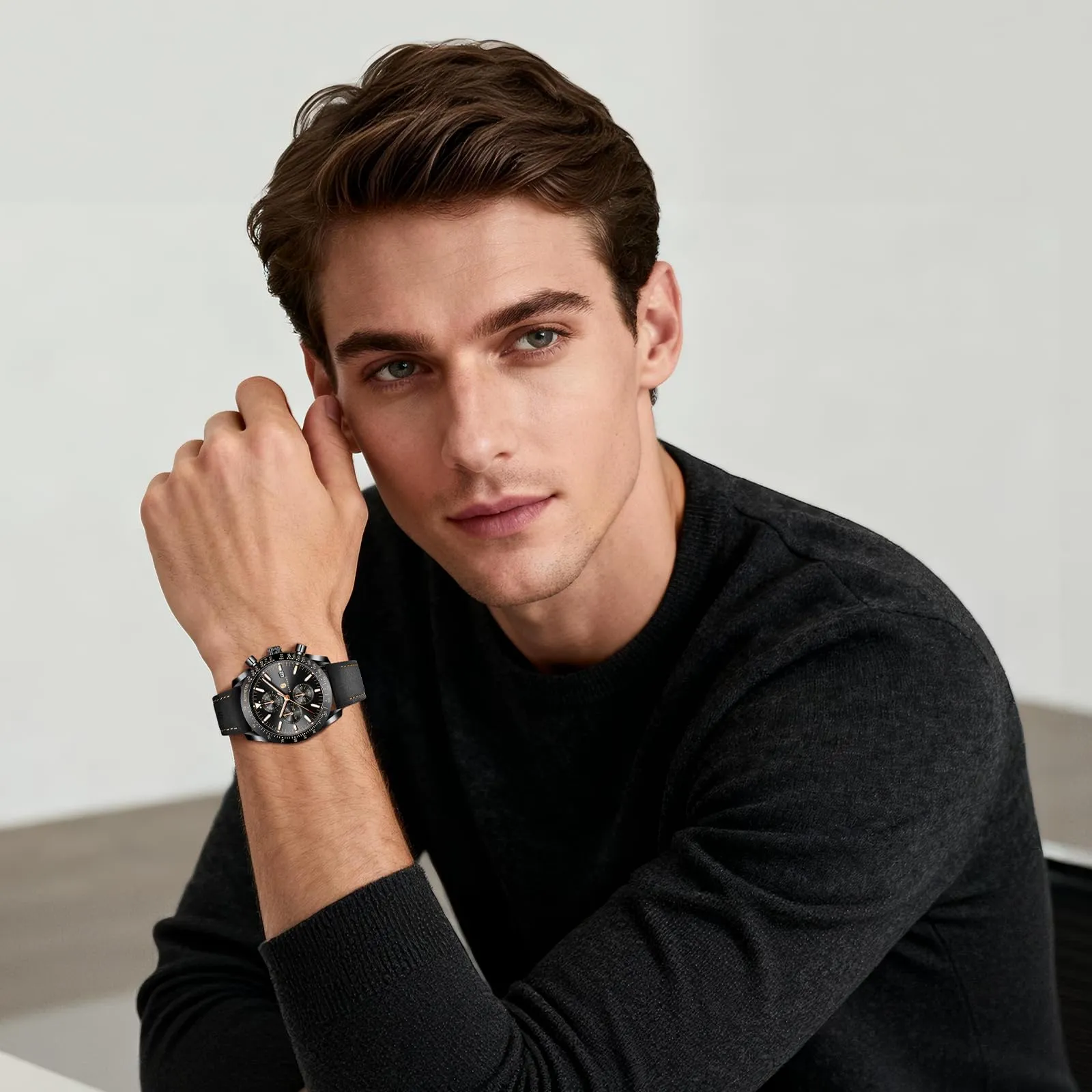 BENYAR BY5140 Orologio da Uomo Cronografo Analogico al Quarzo, Cinturino in Pelle, 50M Impermeabile, Nero - immagine 3