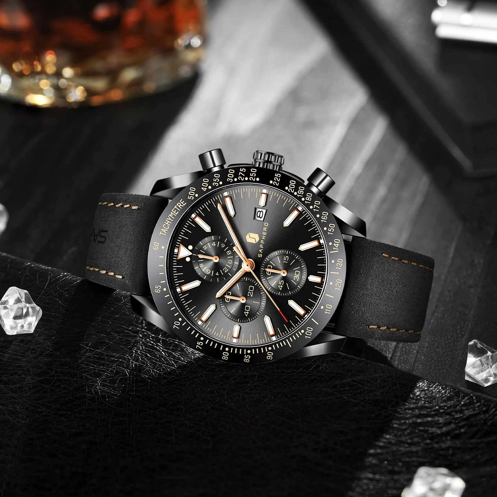 BENYAR BY5140 Orologio da Uomo Cronografo Analogico al Quarzo, Cinturino in Pelle, 50M Impermeabile, Nero - immagine 4