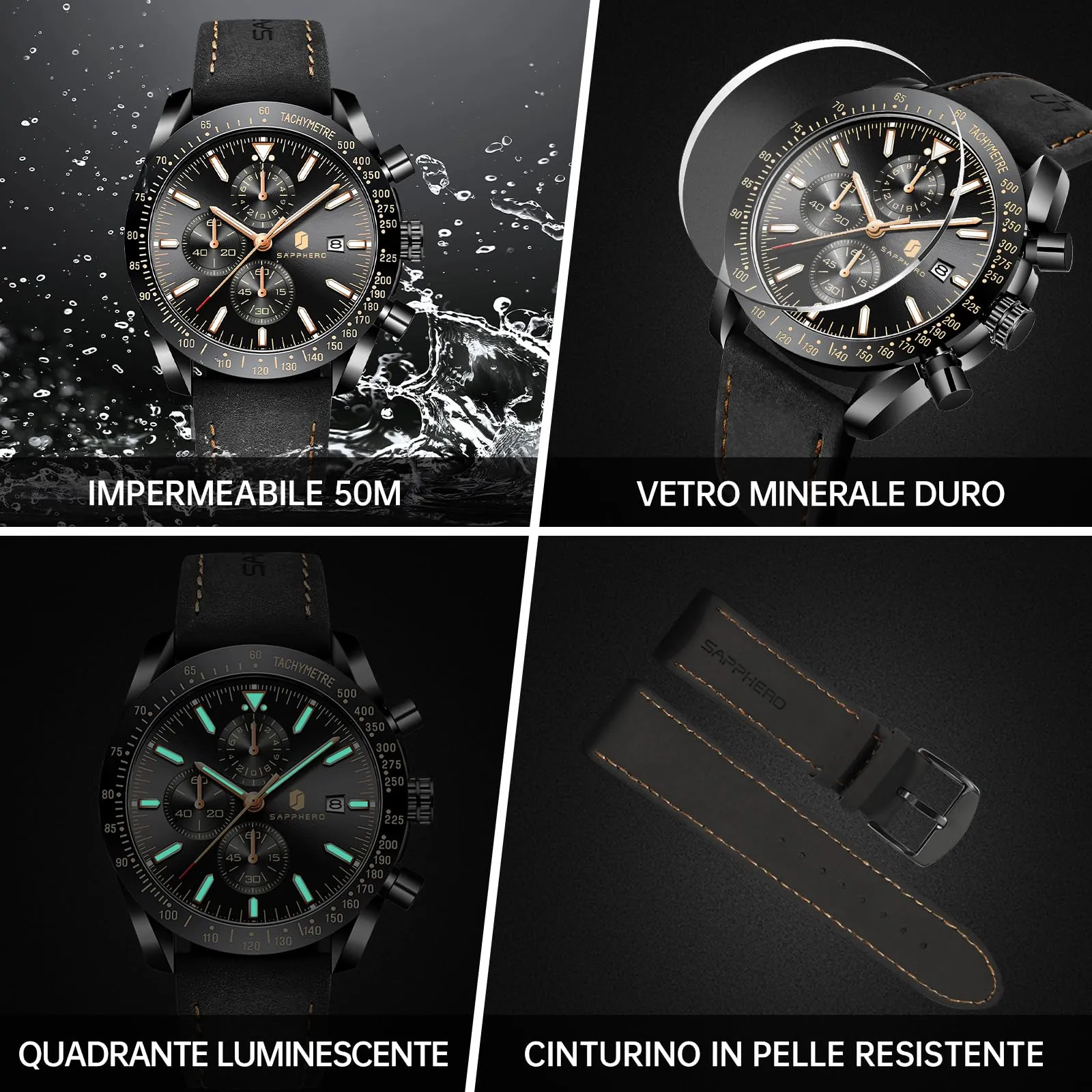 BENYAR BY5140 Orologio da Uomo Cronografo Analogico al Quarzo, Cinturino in Pelle, 50M Impermeabile, Nero - immagine 5