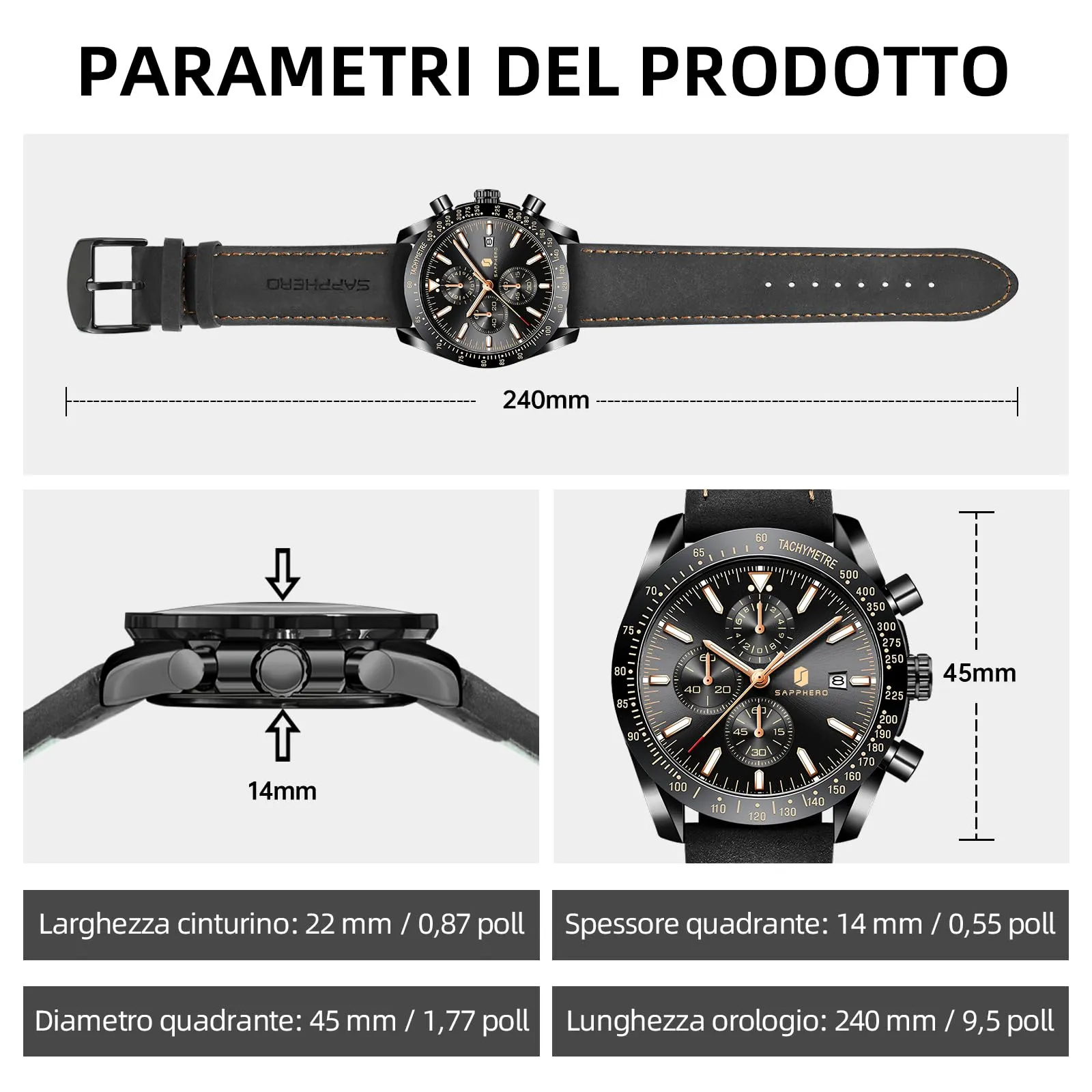 BENYAR BY5140 Orologio da Uomo Cronografo Analogico al Quarzo, Cinturino in Pelle, 50M Impermeabile, Nero - immagine 6