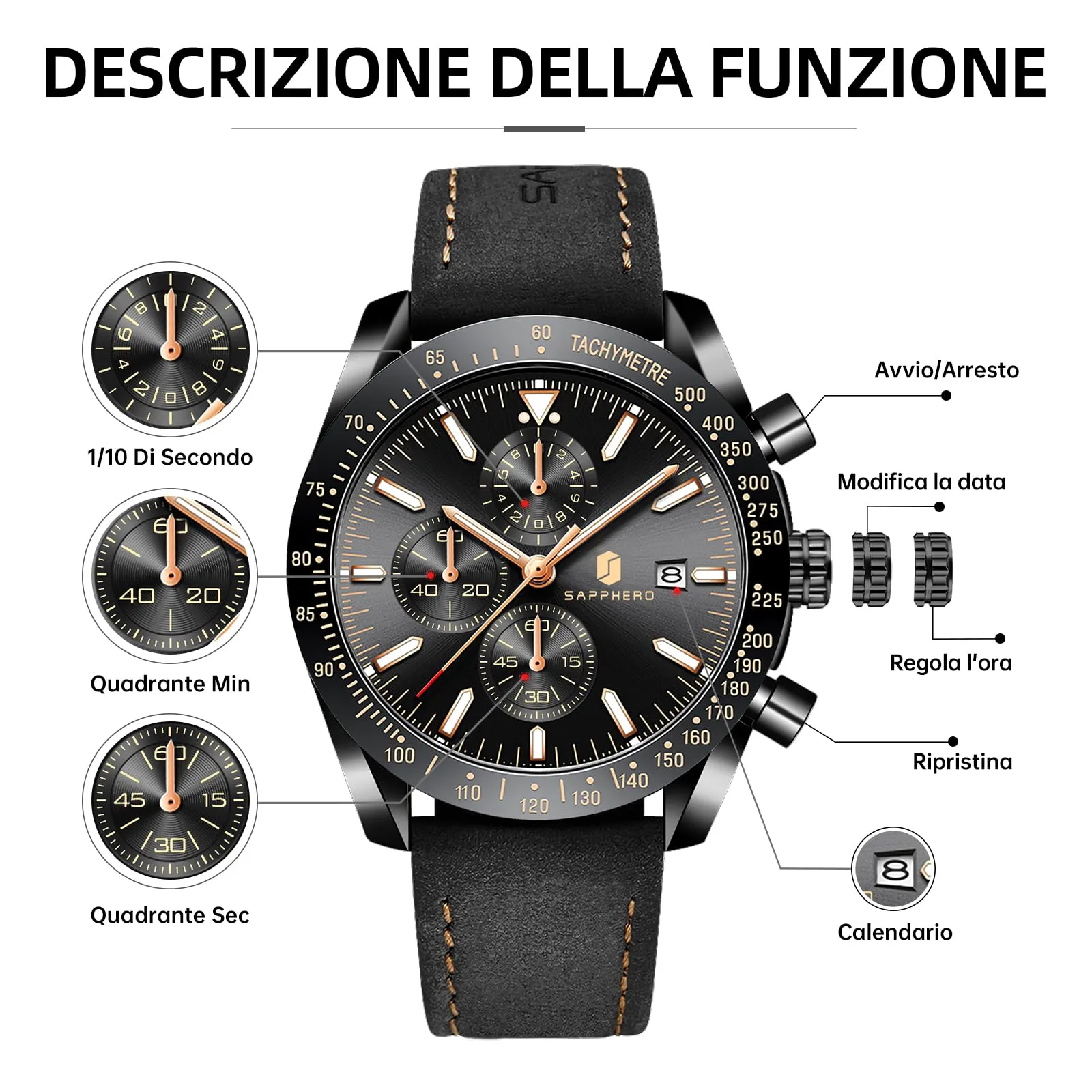 BENYAR BY5140 Orologio da Uomo Cronografo Analogico al Quarzo, Cinturino in Pelle, 50M Impermeabile, Nero - immagine 7