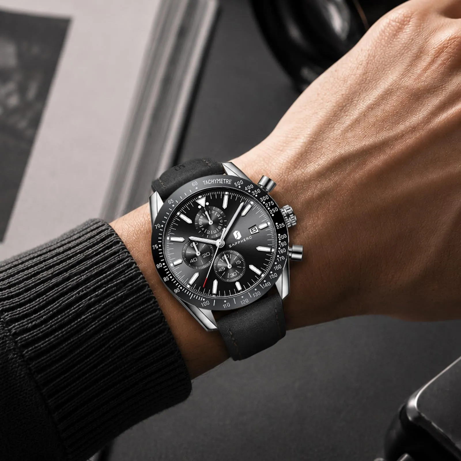 BENYAR BY5140 Orologio da Uomo Cronografo Analogico al Quarzo, Cinturino in Pelle, Argento Nero - immagine 2