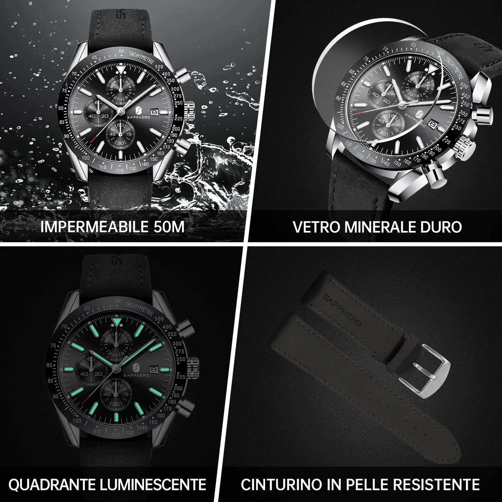 BENYAR BY5140 Orologio da Uomo Cronografo Analogico al Quarzo, Cinturino in Pelle, Argento Nero - immagine 5