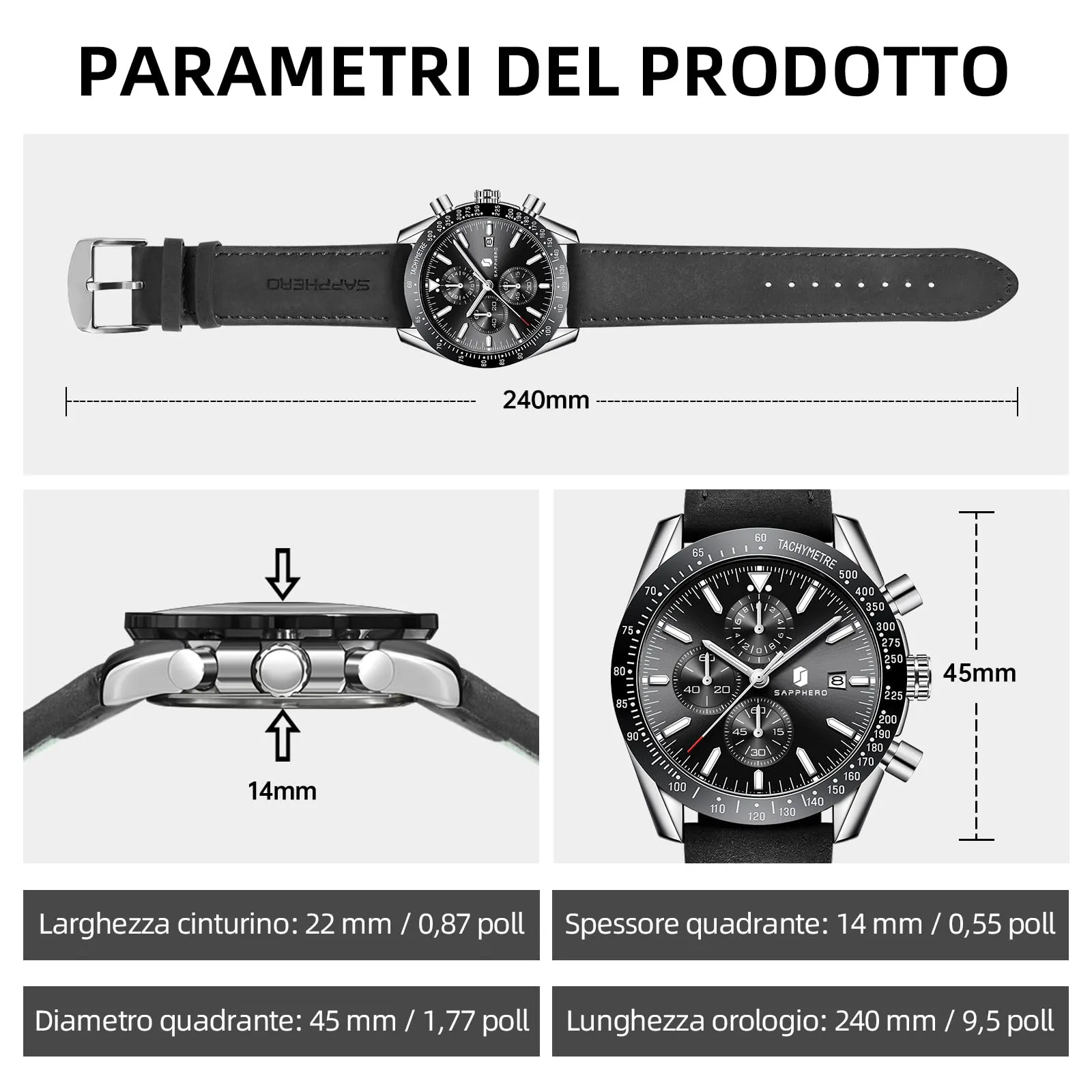 BENYAR BY5140 Orologio da Uomo Cronografo Analogico al Quarzo, Cinturino in Pelle, Argento Nero - immagine 6