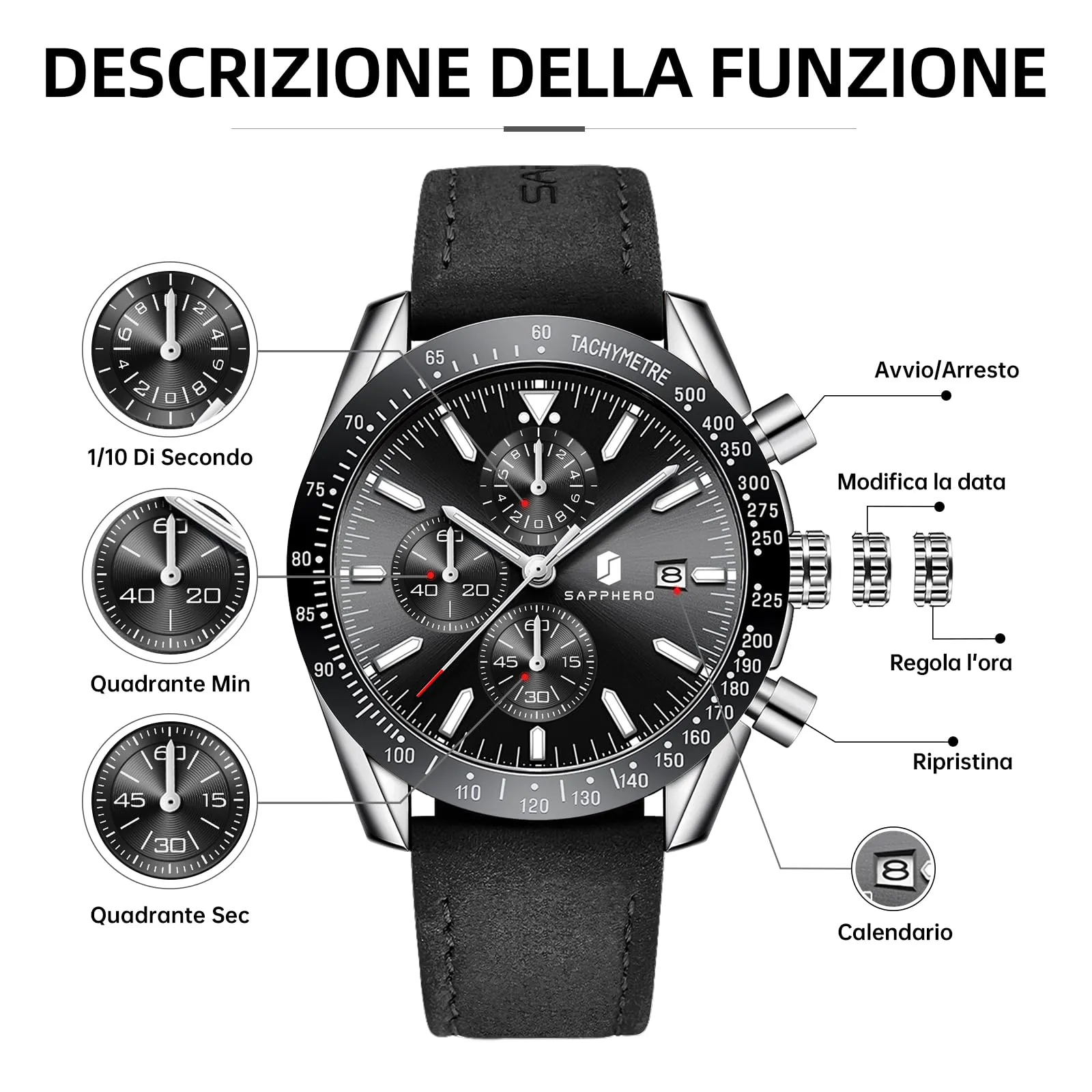 BENYAR BY5140 Orologio da Uomo Cronografo Analogico al Quarzo, Cinturino in Pelle, Argento Nero - immagine 7