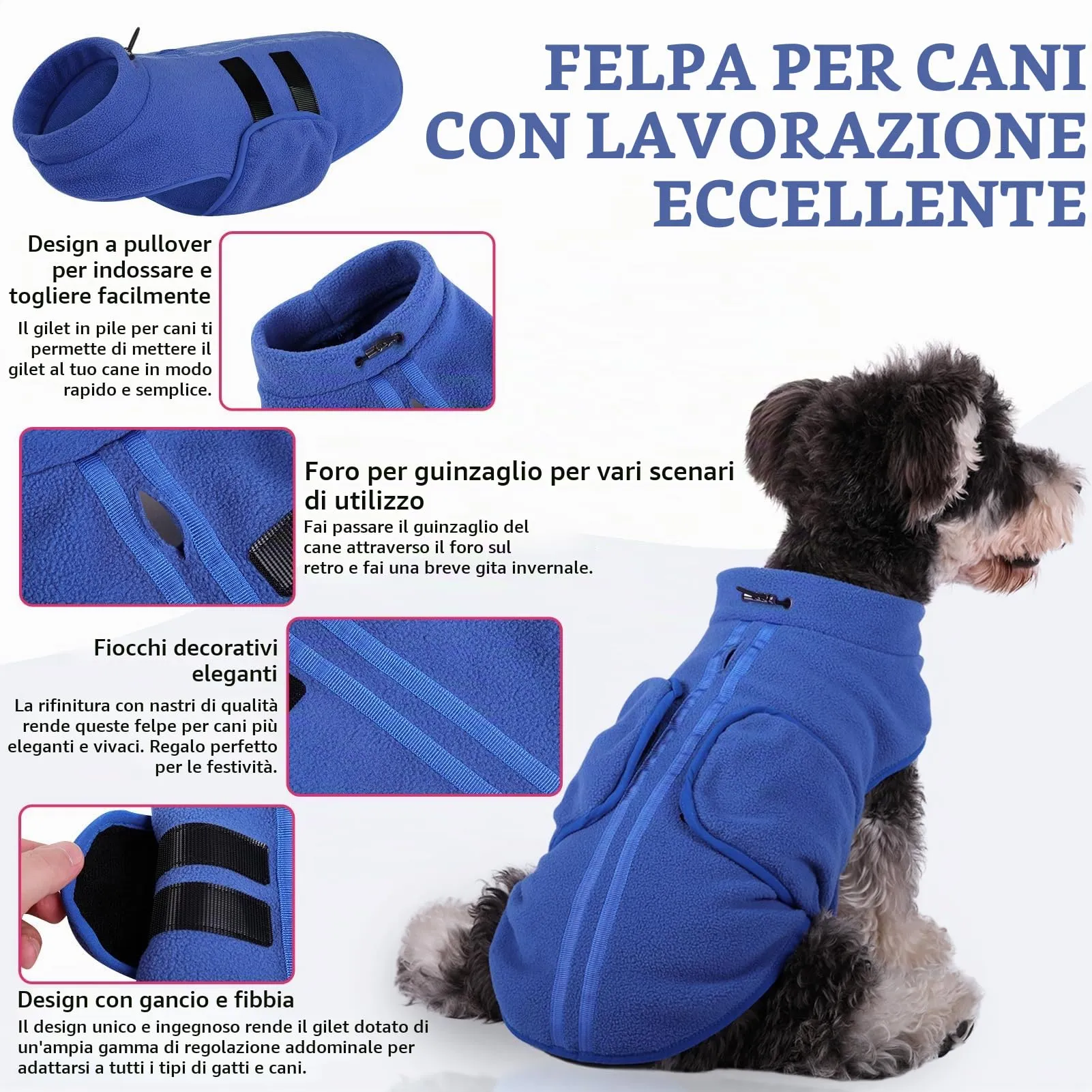 PUZAUKAL Maglione in pile invernale per cani di piccola e media taglia con foro per guinzaglio, Blu L - immagine 3