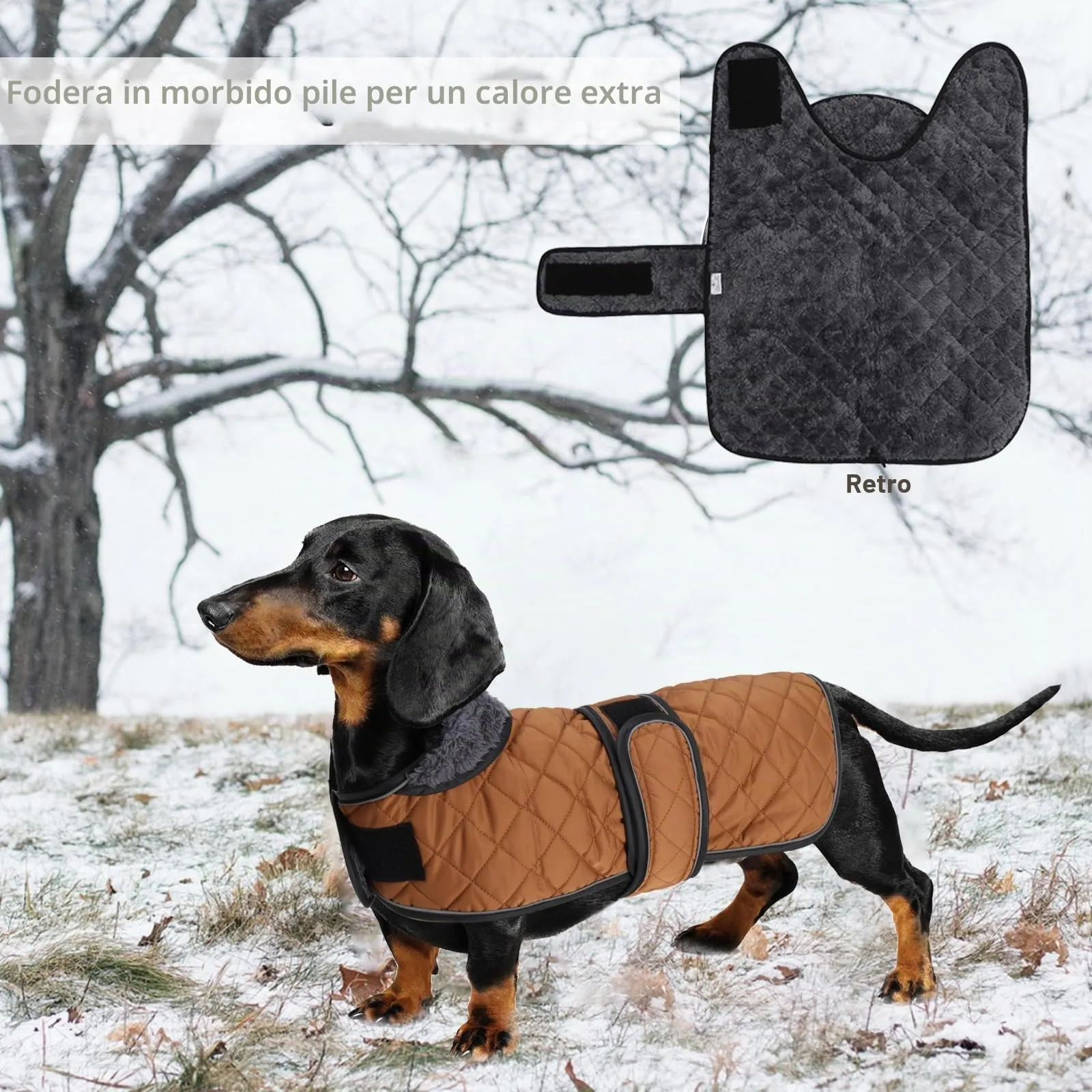 Geyecete Cappotto Invernale Termico Trapuntato per Cani Bassotti con Fodera in Pile e Foro per Imbracatura, Marrone, M - immagine 5