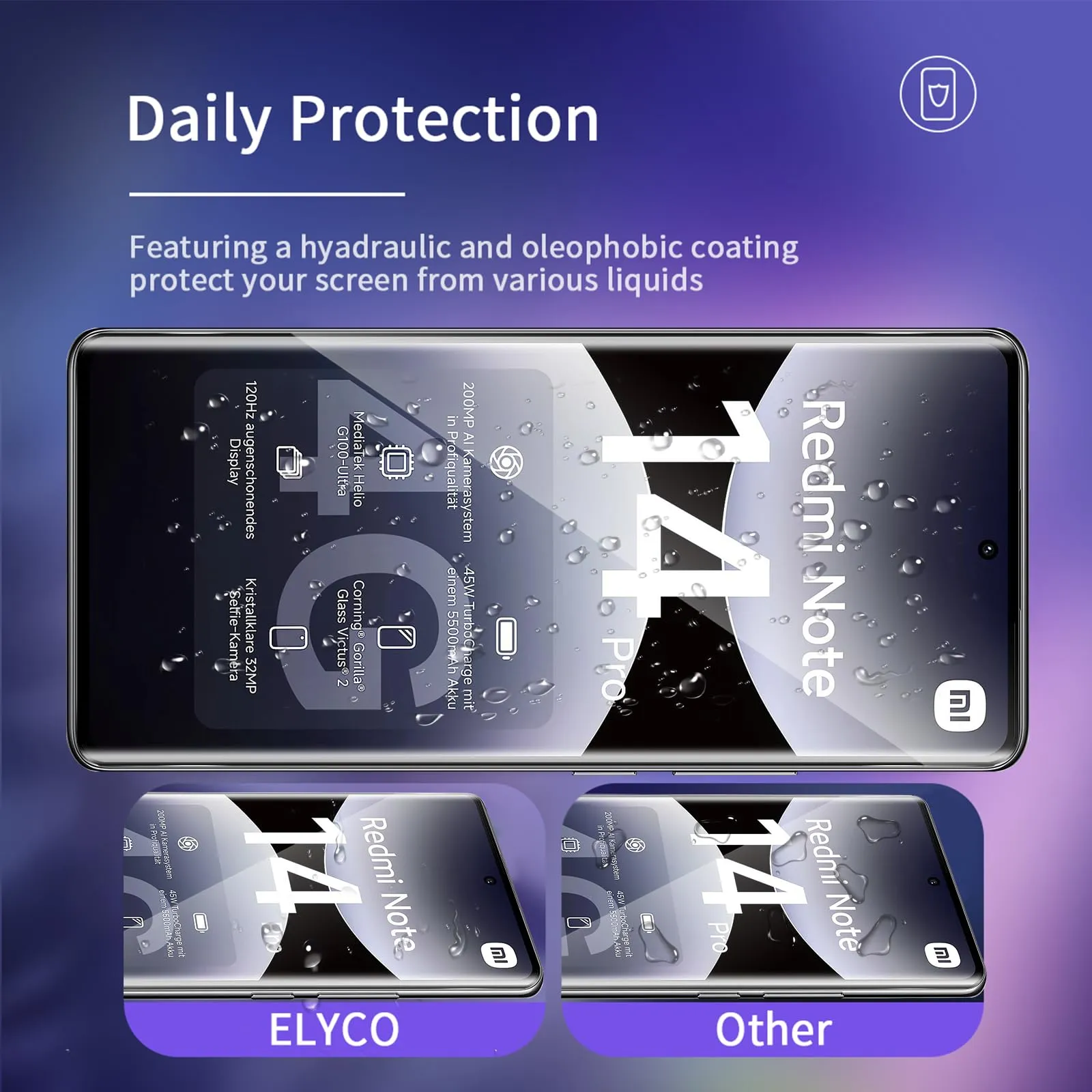 ELYCO Vetro Temperato per Xiaomi Redmi Note 14 Pro 4G, 2+2 Pezzi - immagine 2
