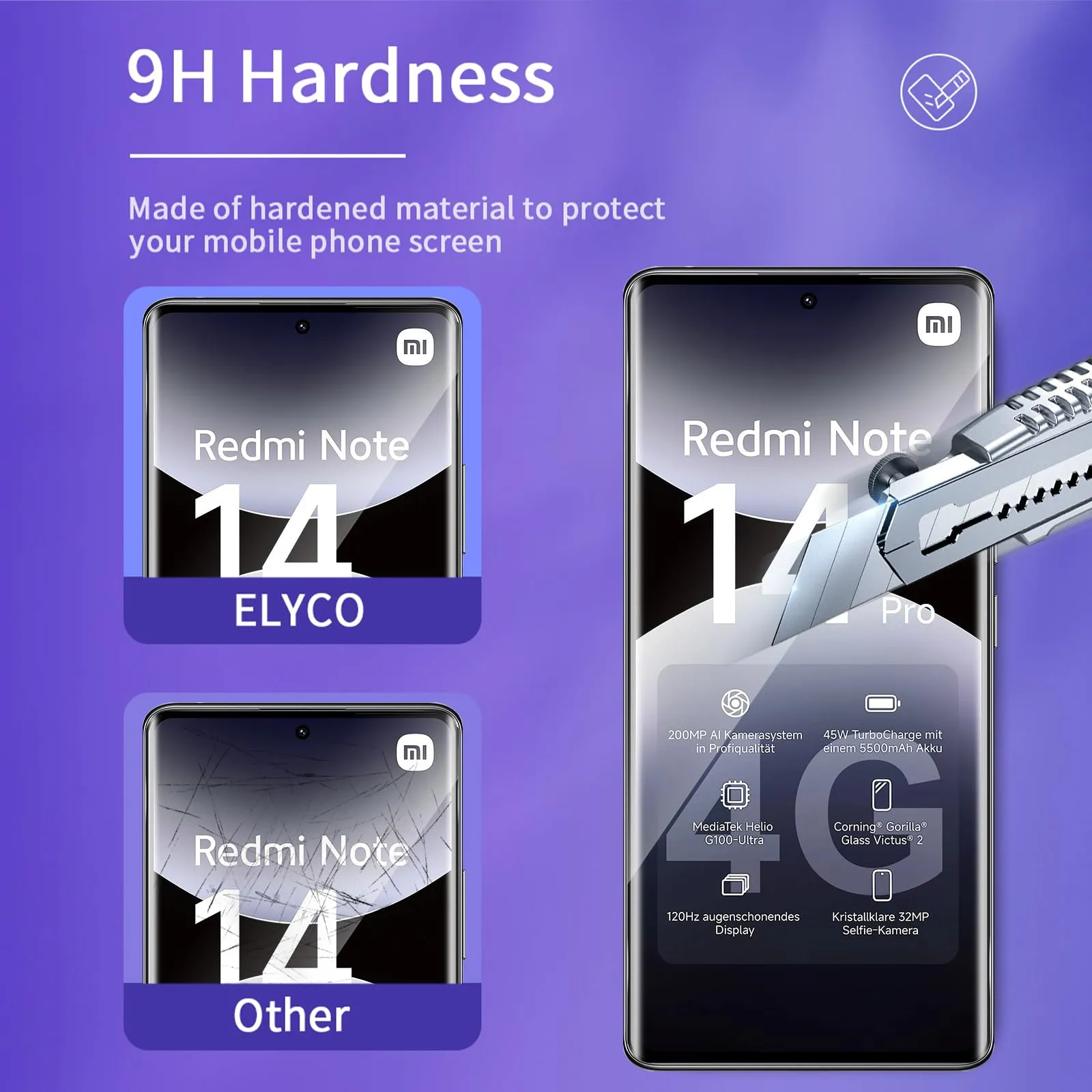 ELYCO Vetro Temperato per Xiaomi Redmi Note 14 Pro 4G, 2+2 Pezzi - immagine 3