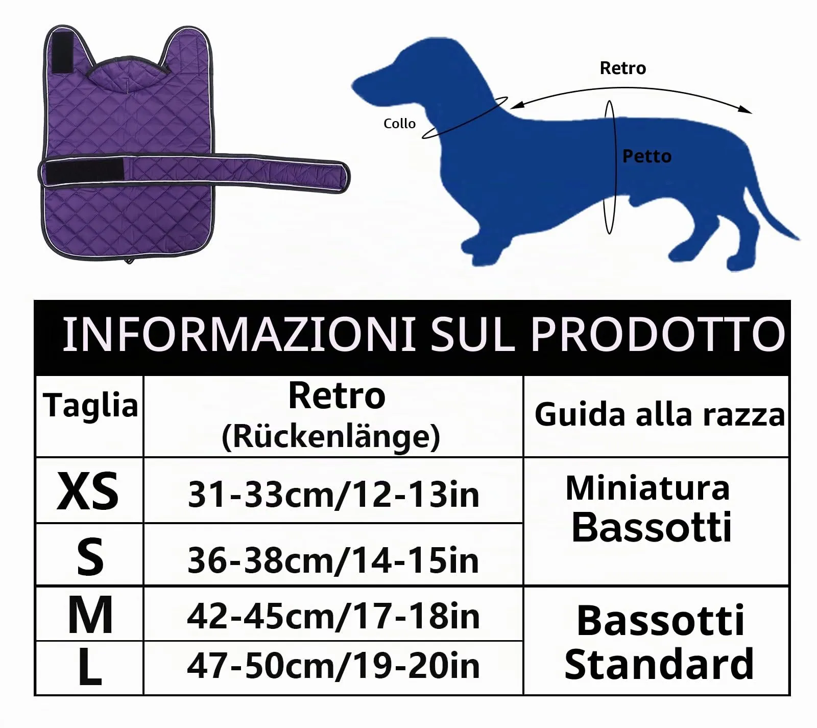 Geyecete Cappotto Invernale Termico Trapuntato per Cane Bassotto, Fodera in Pile, Foro per Imbracatura, Viola, S - immagine 6