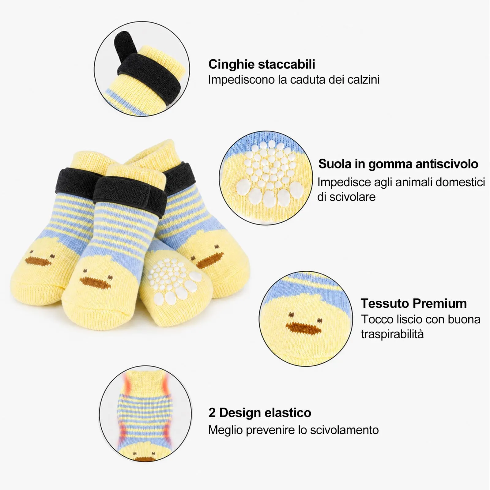 PETLOFT Calzini Antiscivolo per Cane con Cinghie Regolabili, 4 Pezzi, Giallo Blu, S - immagine 2