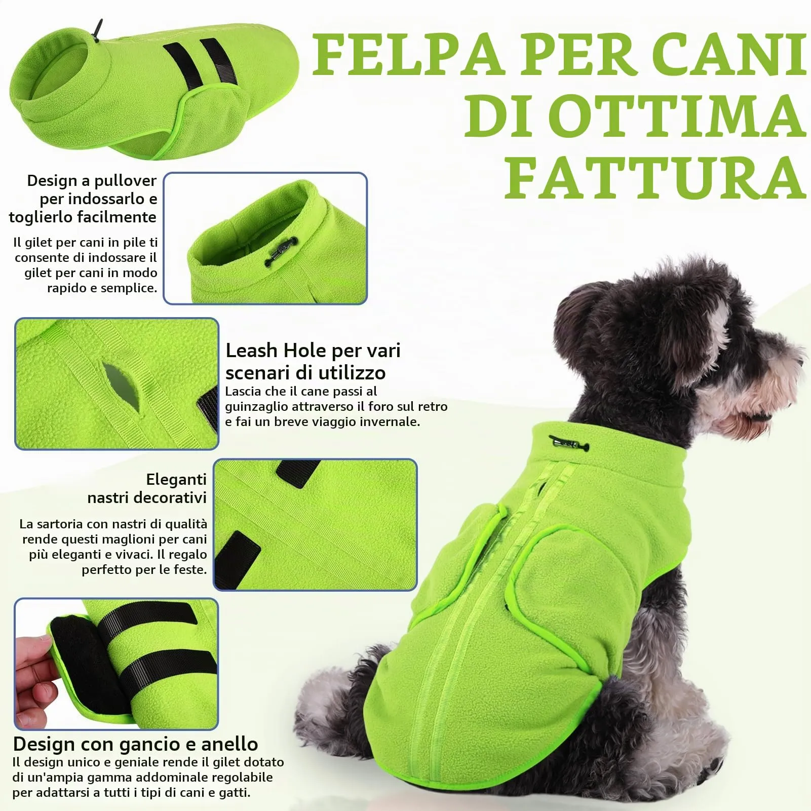 PUZAUKAL Maglione in Pile con Imbracatura per Cani e Gatti, Verde, XS - immagine 3