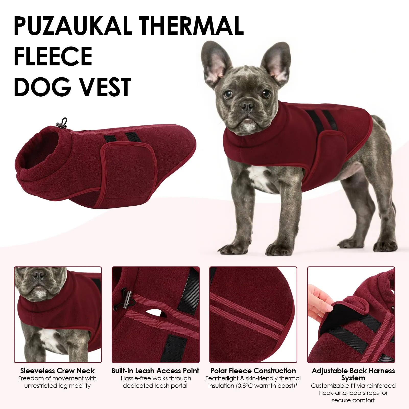 PUZAUKAL Maglione in Pile per Cani con Foro per Imbracatura, Bordeaux, XXS - immagine 2