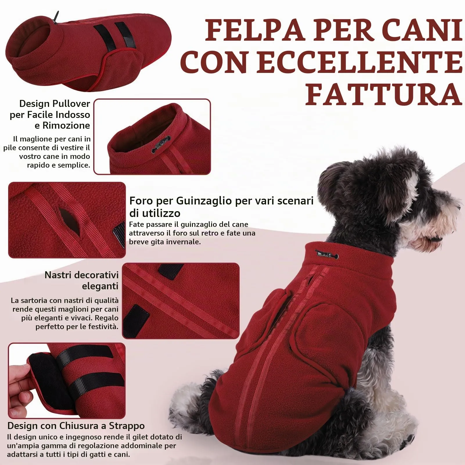PUZAUKAL Maglione in Pile per Cani con Foro per Imbracatura, Bordeaux, M - immagine 4