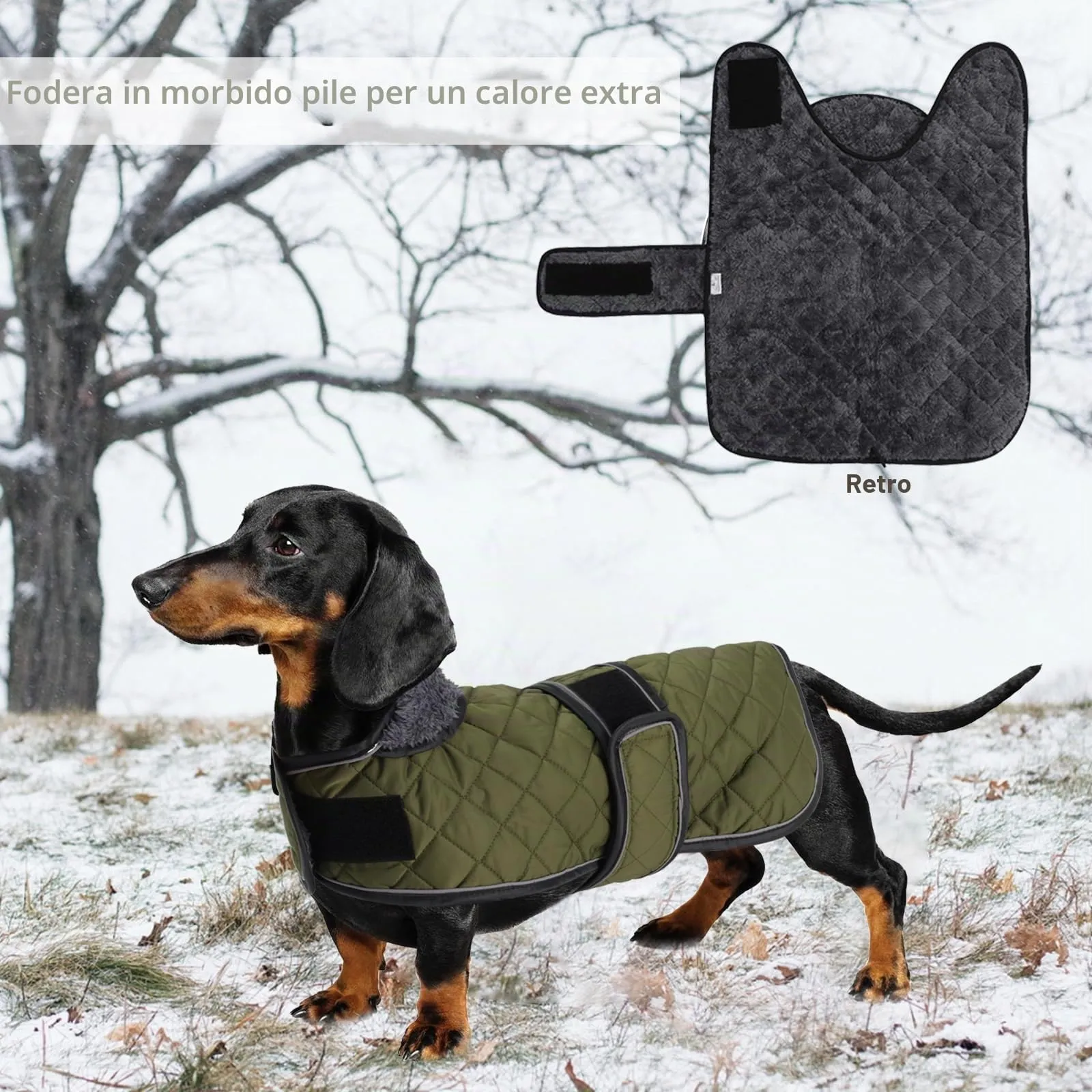Geyecete Cappotto Invernale Termico Trapuntato per Cane Bassotto con Fodera in Pile e Foro per Imbracatura, Verde, L - immagine 5