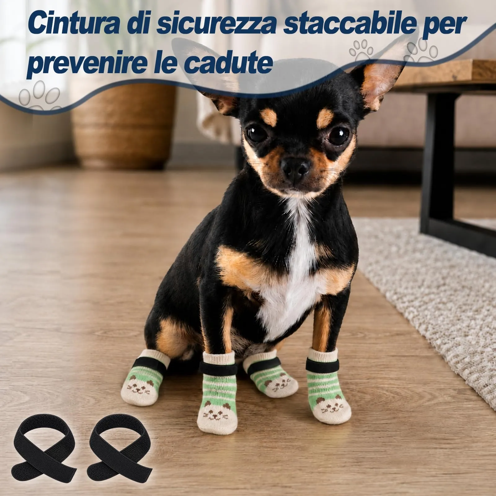 PETLOFT Calzini Antiscivolo per Cane, 4 Pezzi, con Cinghie Regolabili, Beige Verde, M - immagine 3