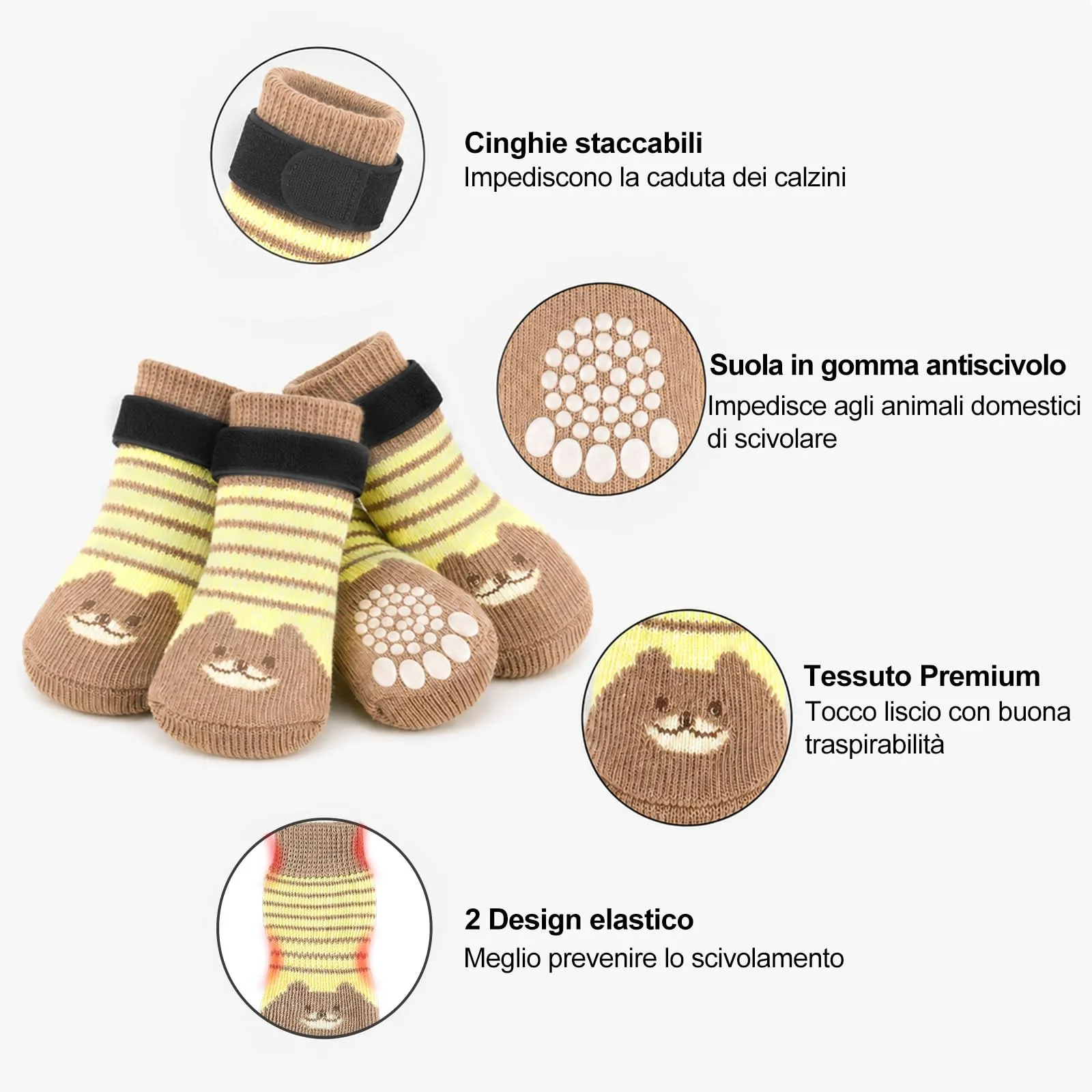 PETLOFT Calzini Antiscivolo per Cane con Cinghie Regolabili, Marrone Giallo, S - immagine 2