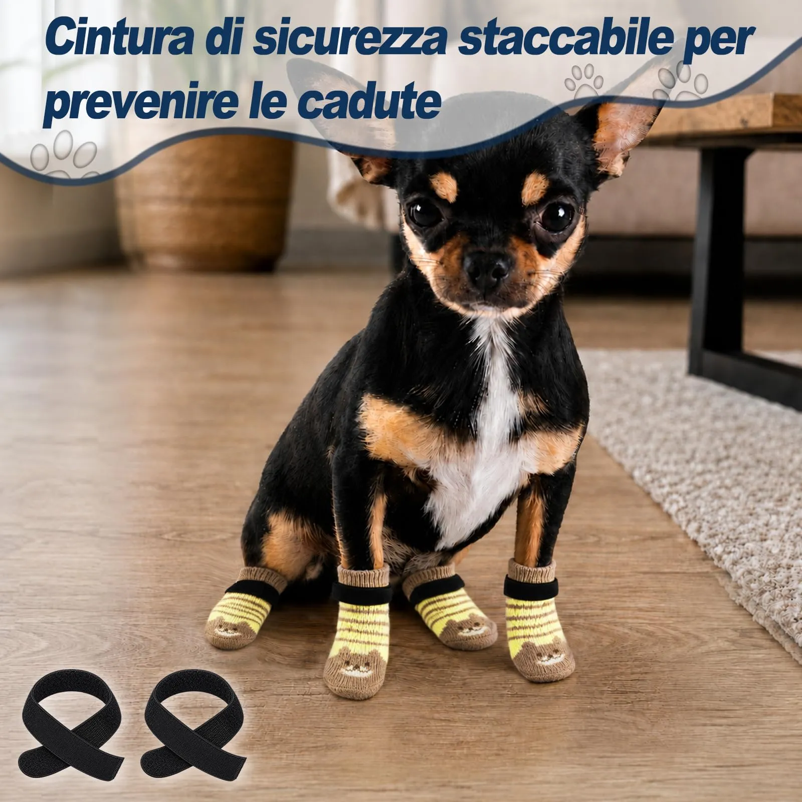PETLOFT Calzini Antiscivolo per Cane con Cinghie Regolabili, Marrone Giallo, S - immagine 3