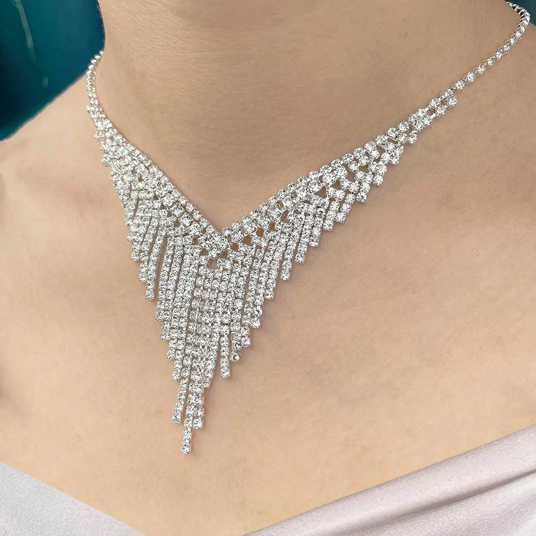 Wedity Set Collana e Orecchini di Cristallo e Strass Argento Nuziale - immagine 2
