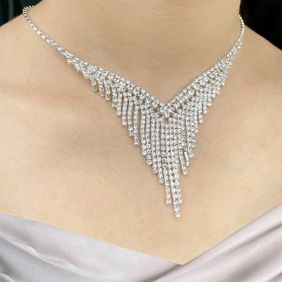Wedity Set Collana e Orecchini di Cristallo e Strass Argento Nuziale - immagine 3
