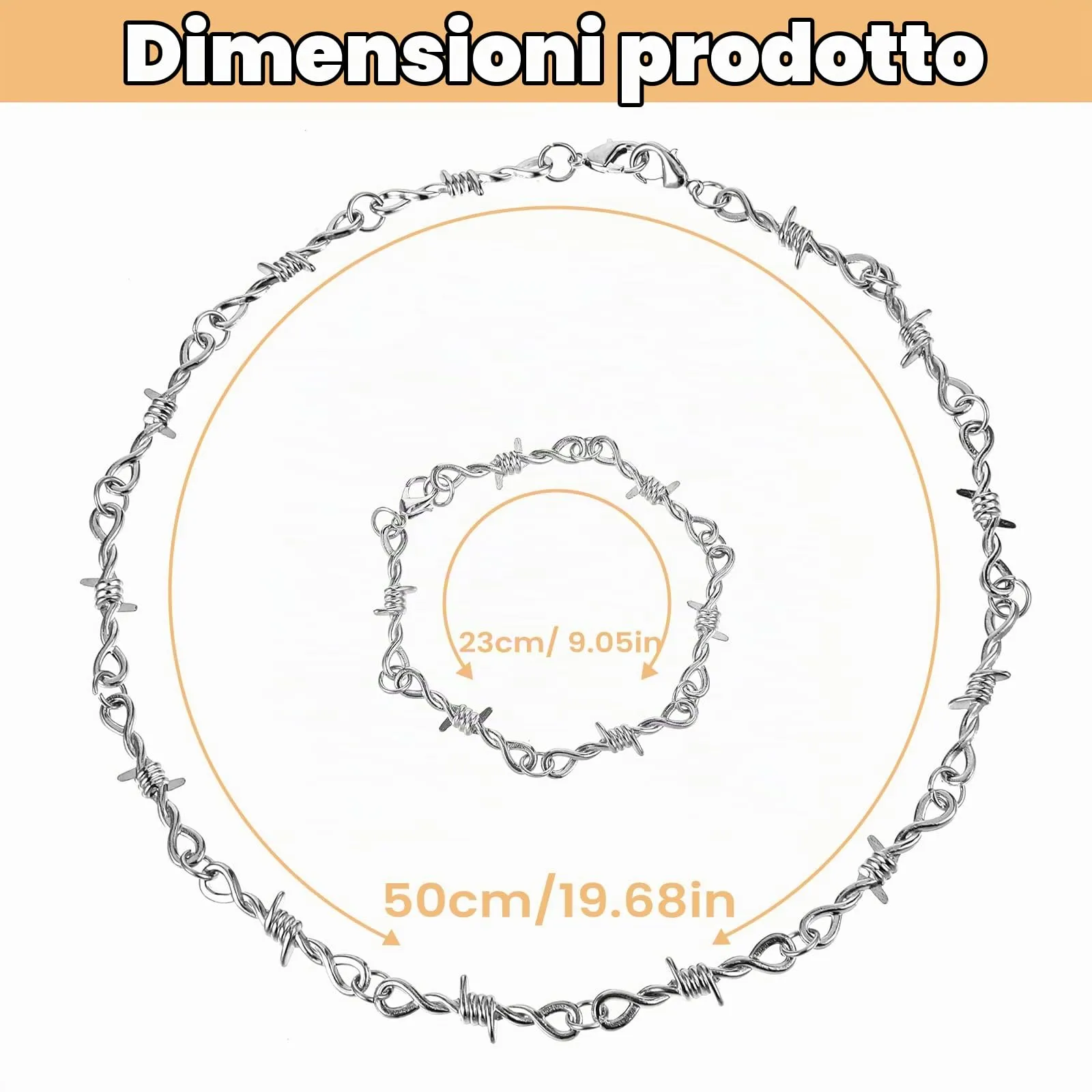 Telooco Set Collana e Bracciale in Filo Spinato Punk Gothic Argento - immagine 2