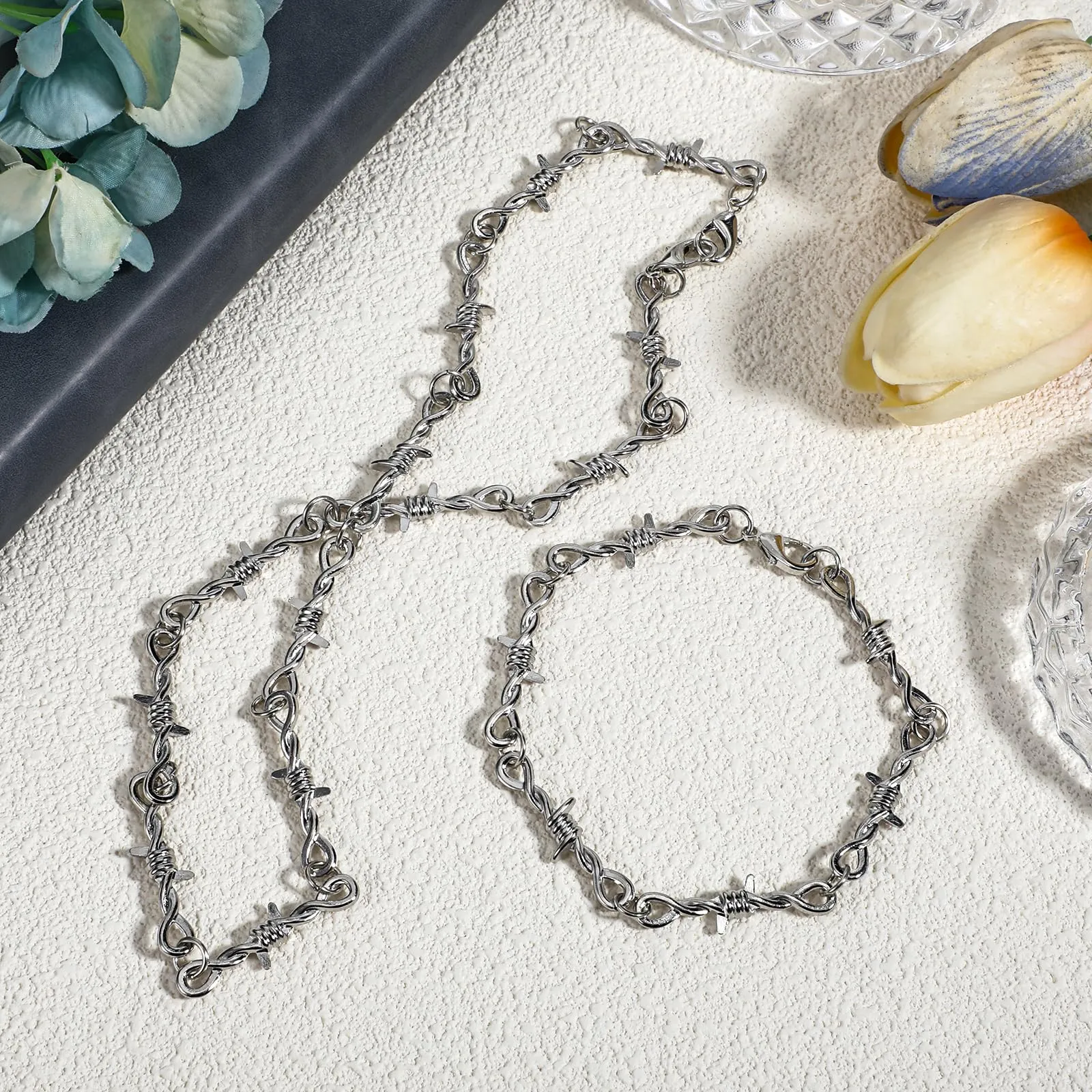 Telooco Set Collana e Bracciale in Filo Spinato Punk Gothic Argento - immagine 7