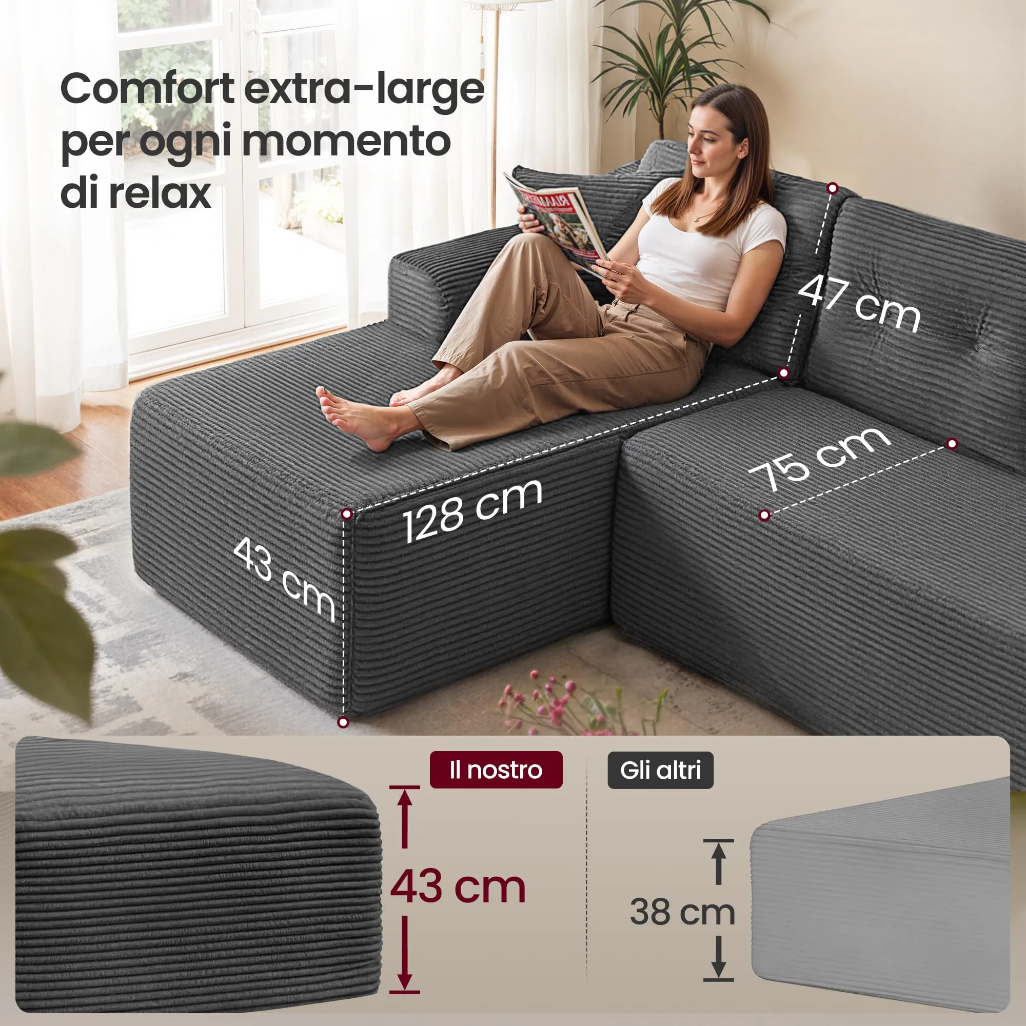 VASAGLE Divano Angolare Modulabile, 244 cm, Grigio Ardesia, LCS183GN01 - immagine 3