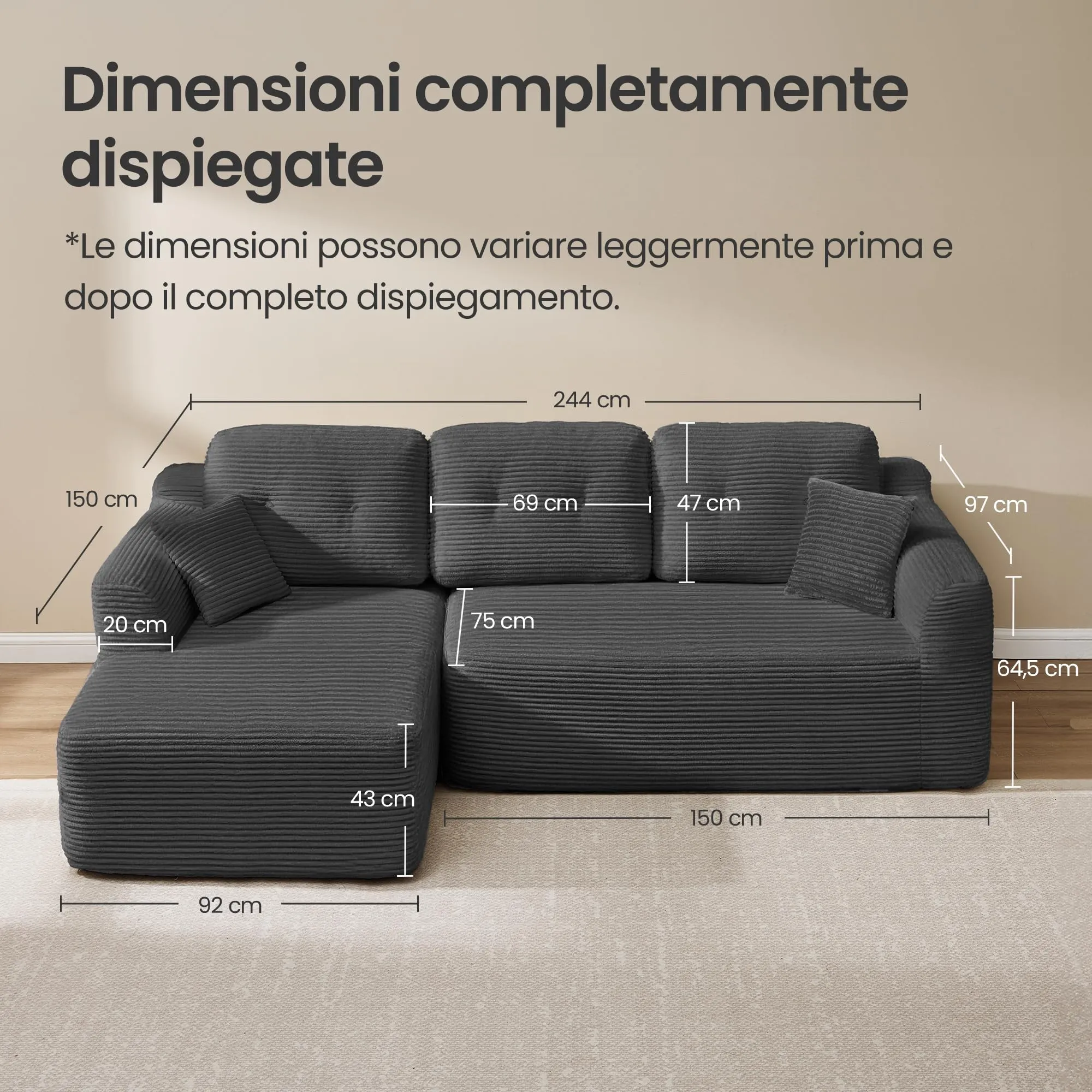 VASAGLE Divano Angolare Modulabile, 244 cm, Grigio Ardesia, LCS183GN01 - immagine 7