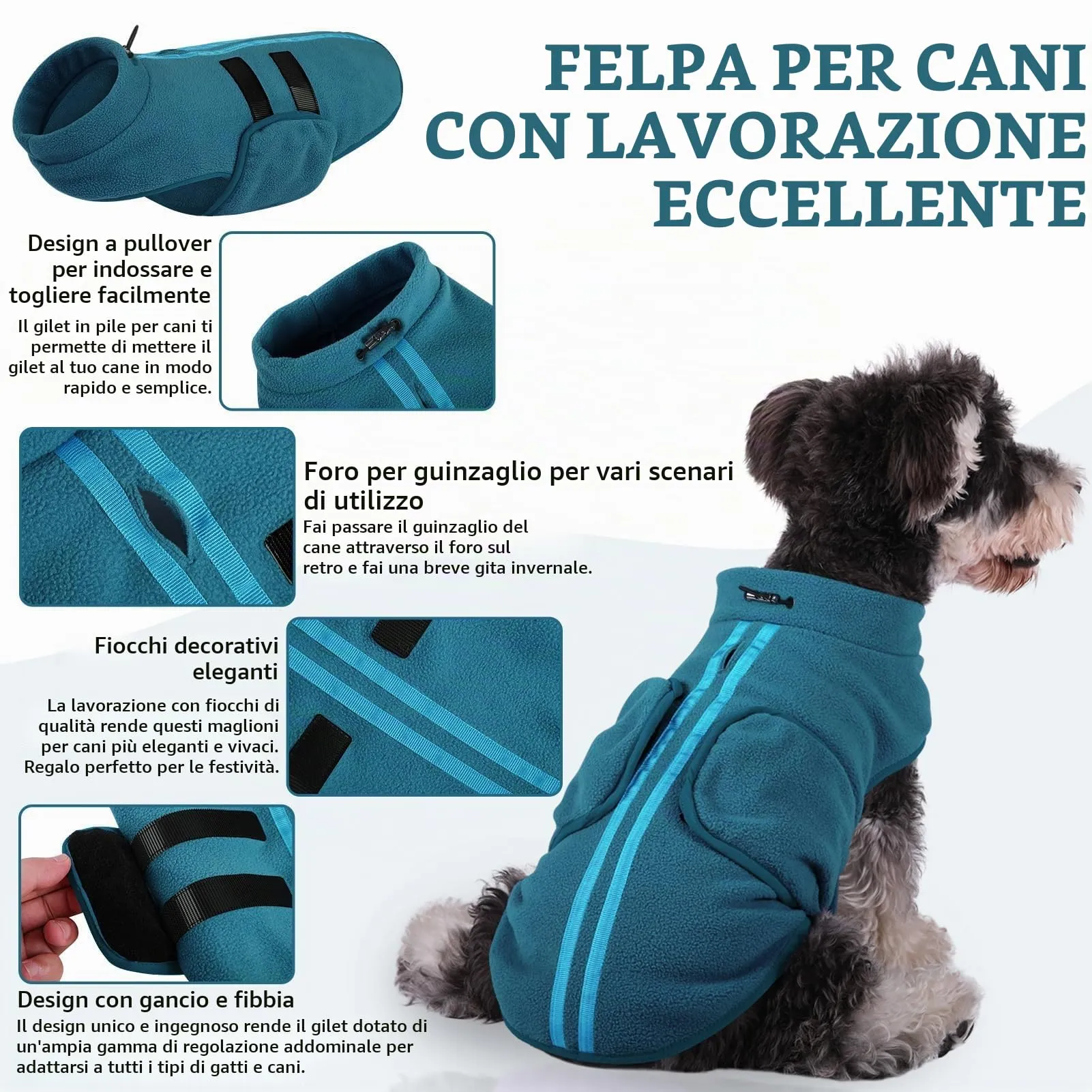 PUZAUKAL Maglione in pile invernale per cani e gatti con foro per imbracatura, Blu marno, L - immagine 3