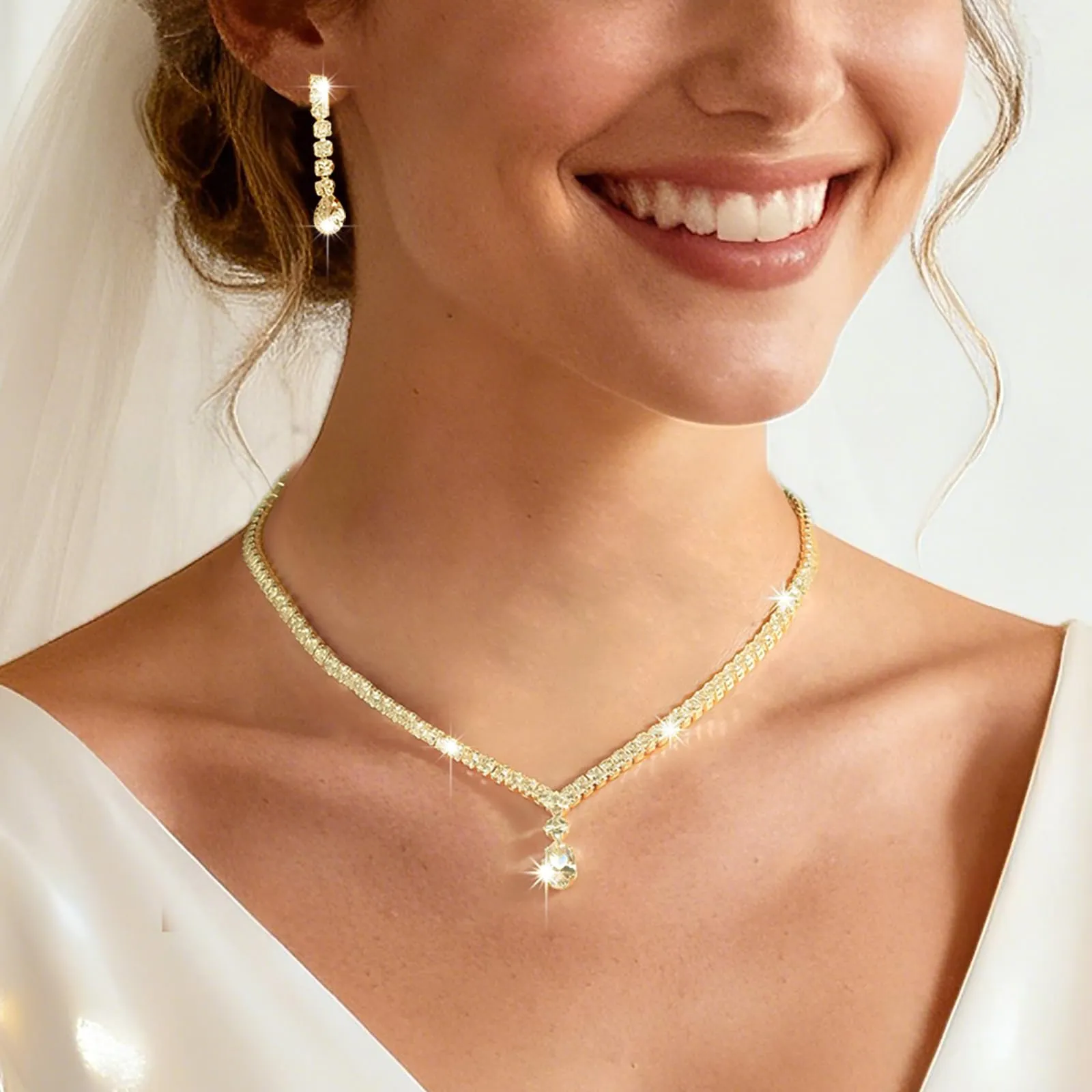 JYIXXZX Set di Gioielli Donna con Zirconia Cubica, Collana e Orecchini a Goccia in Oro e Argento - immagine 6