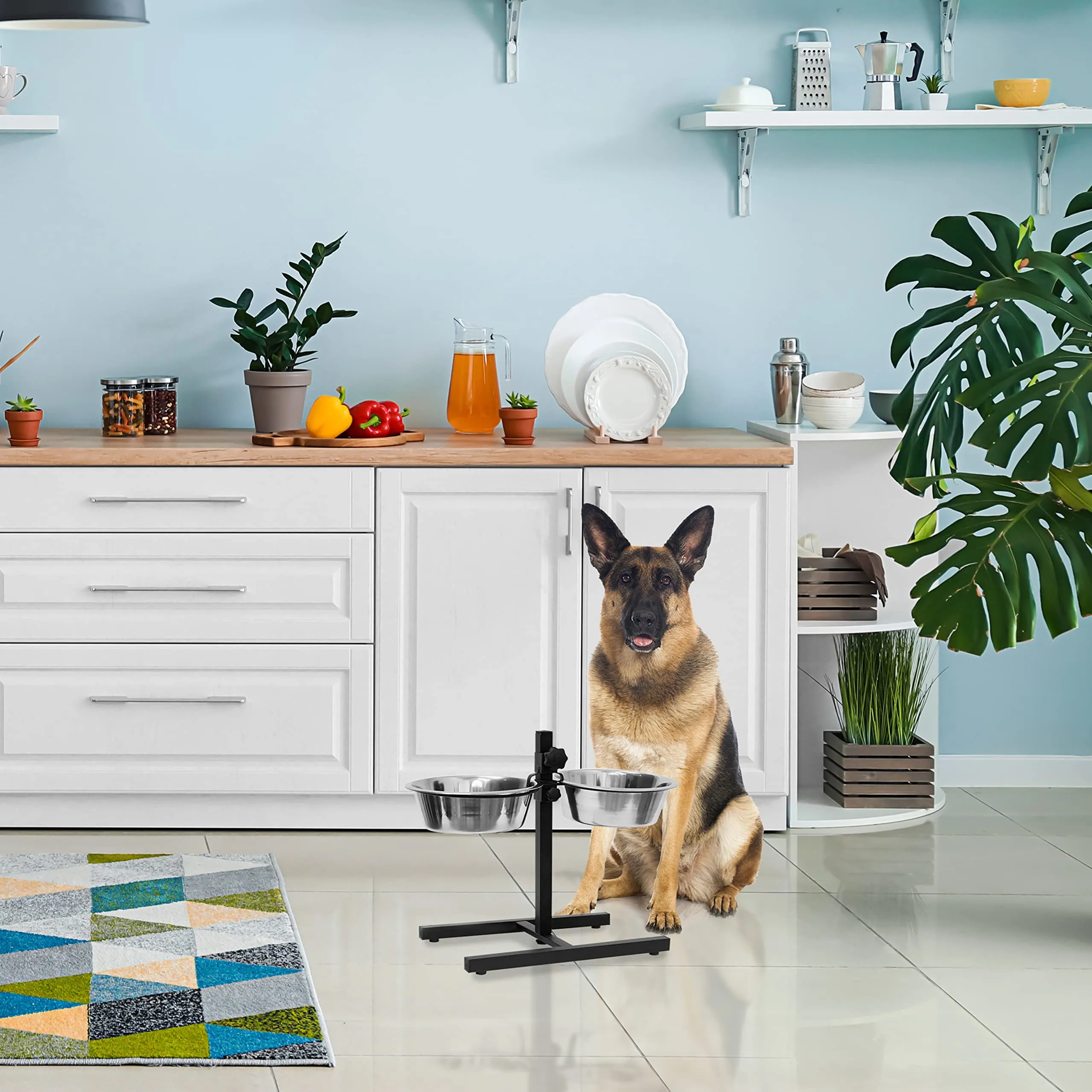 Relaxdays Ciotole Rialzate per Cani in Acciaio, 4,5 l, 42x61x29 cm, Supporto Regolabile, Argentato - immagine 2