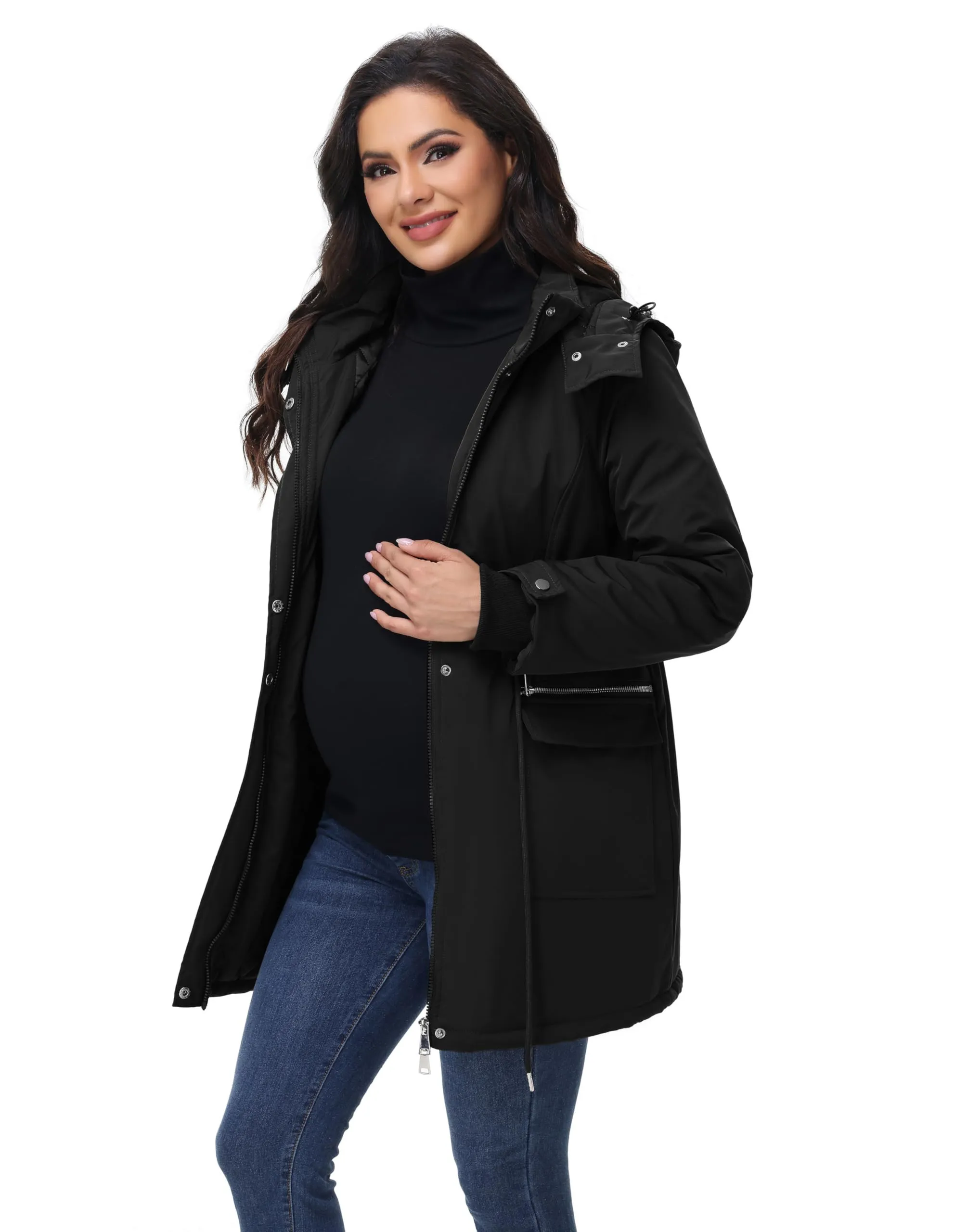 Maacie Giacca Premaman Impermeabile in Cotone con Collo Alto, Nero, XL - immagine 2