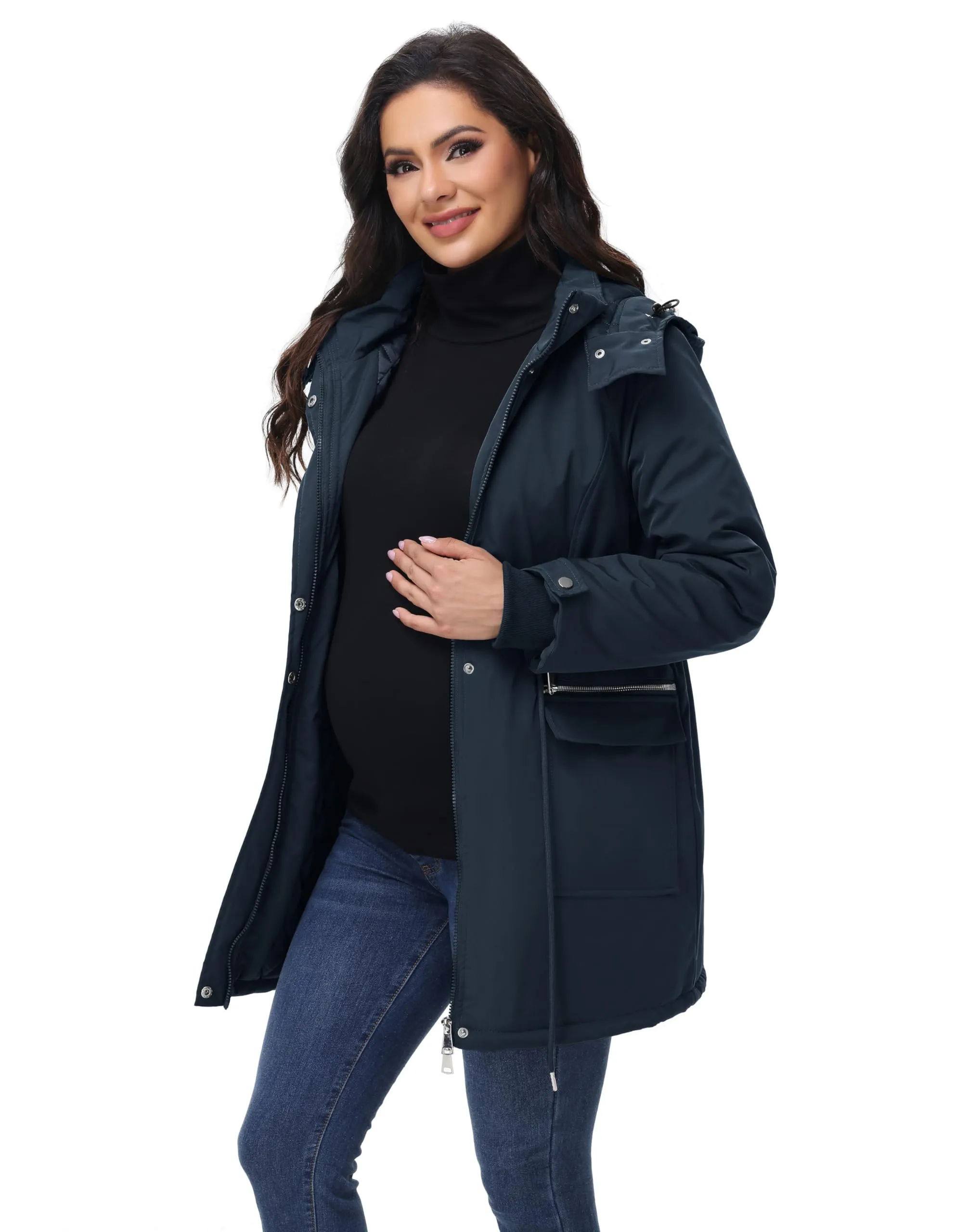 Maacie Giacca Premaman in Cotone Impermeabile con Collo Alto, Blu Navy, M - immagine 2