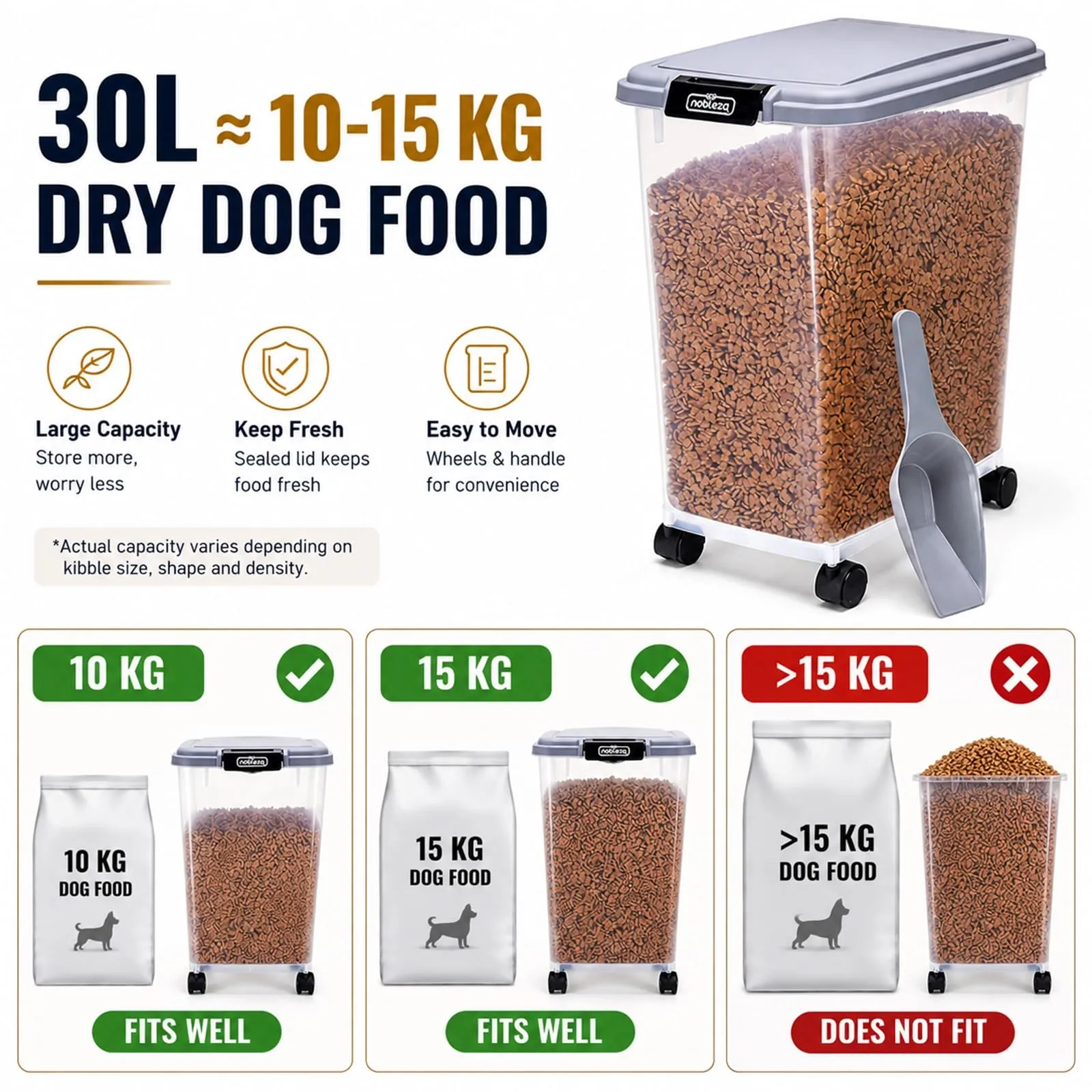 Nobleza Contenitore per Cibo per Animali 30 L con Ruote e Pala, Ermetico e Trasparente, Grigio - immagine 2