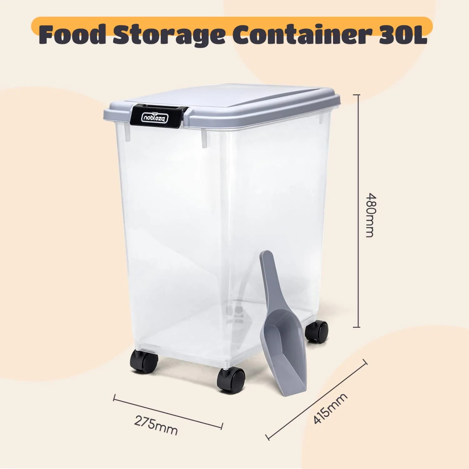 Nobleza Contenitore per Cibo per Animali 30 L con Ruote e Pala, Ermetico e Trasparente, Grigio - immagine 3
