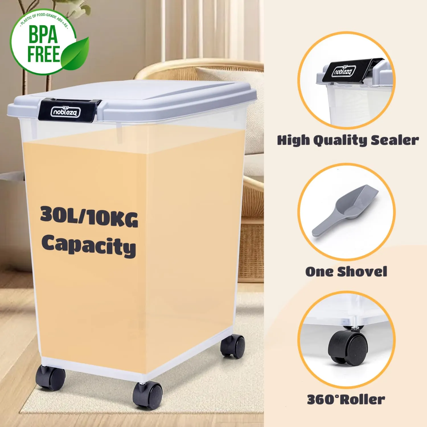 Nobleza Contenitore per Cibo per Animali 30 L con Ruote e Pala, Ermetico e Trasparente, Grigio - immagine 8