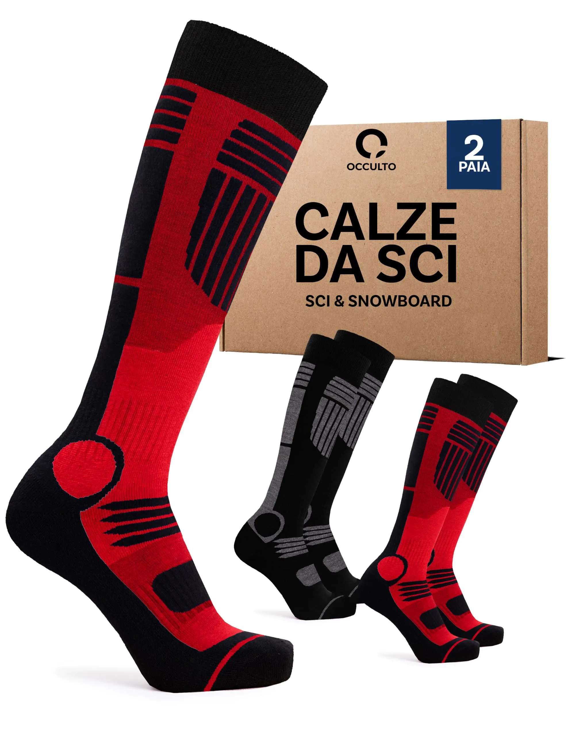 Occulto Calze da Sci Uomo Felix, 2 Paia Nero Rosso, 39-42 - immagine 1