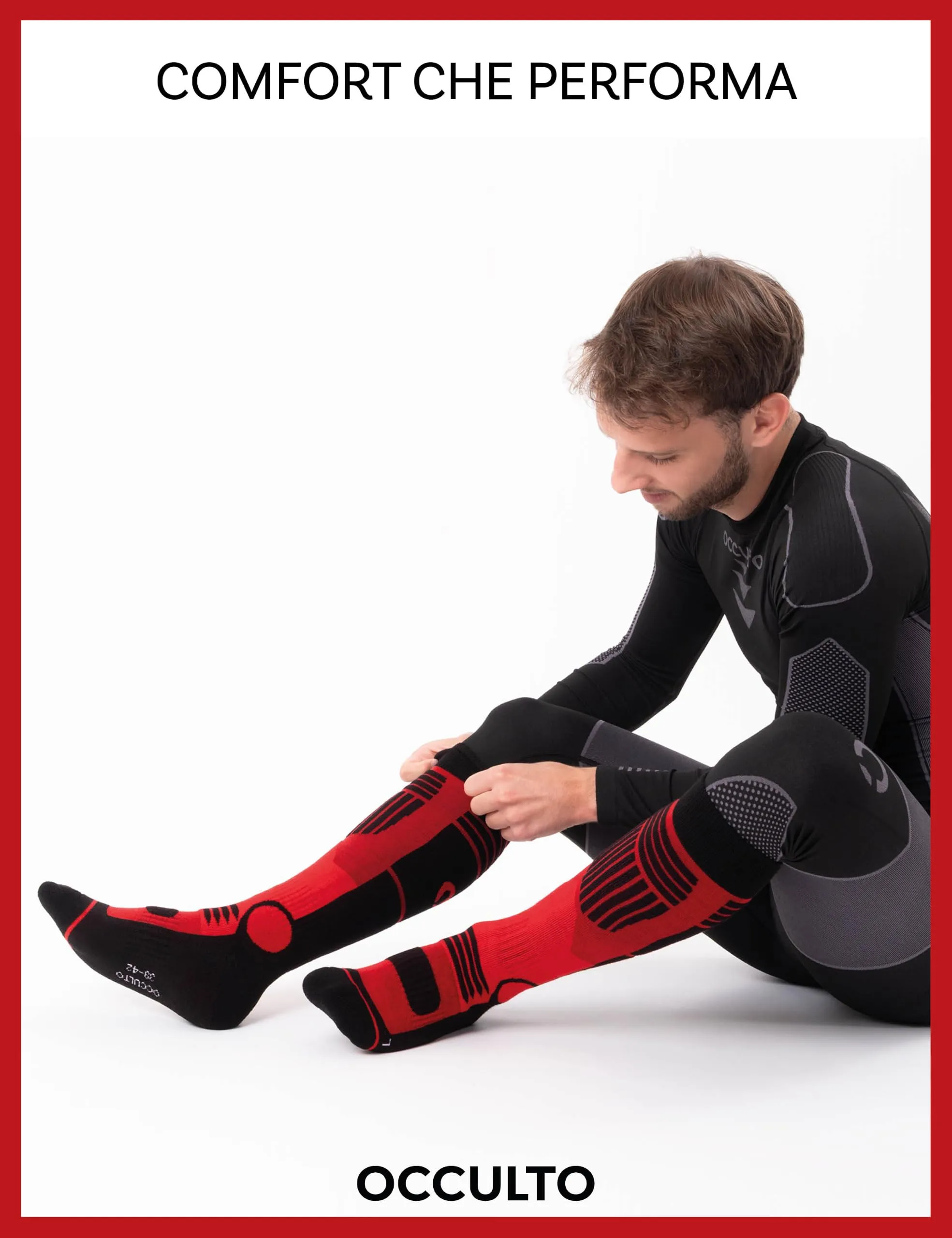 Occulto Calze da Sci Uomo Felix, 2 Paia Nero Rosso, 39-42 - immagine 3