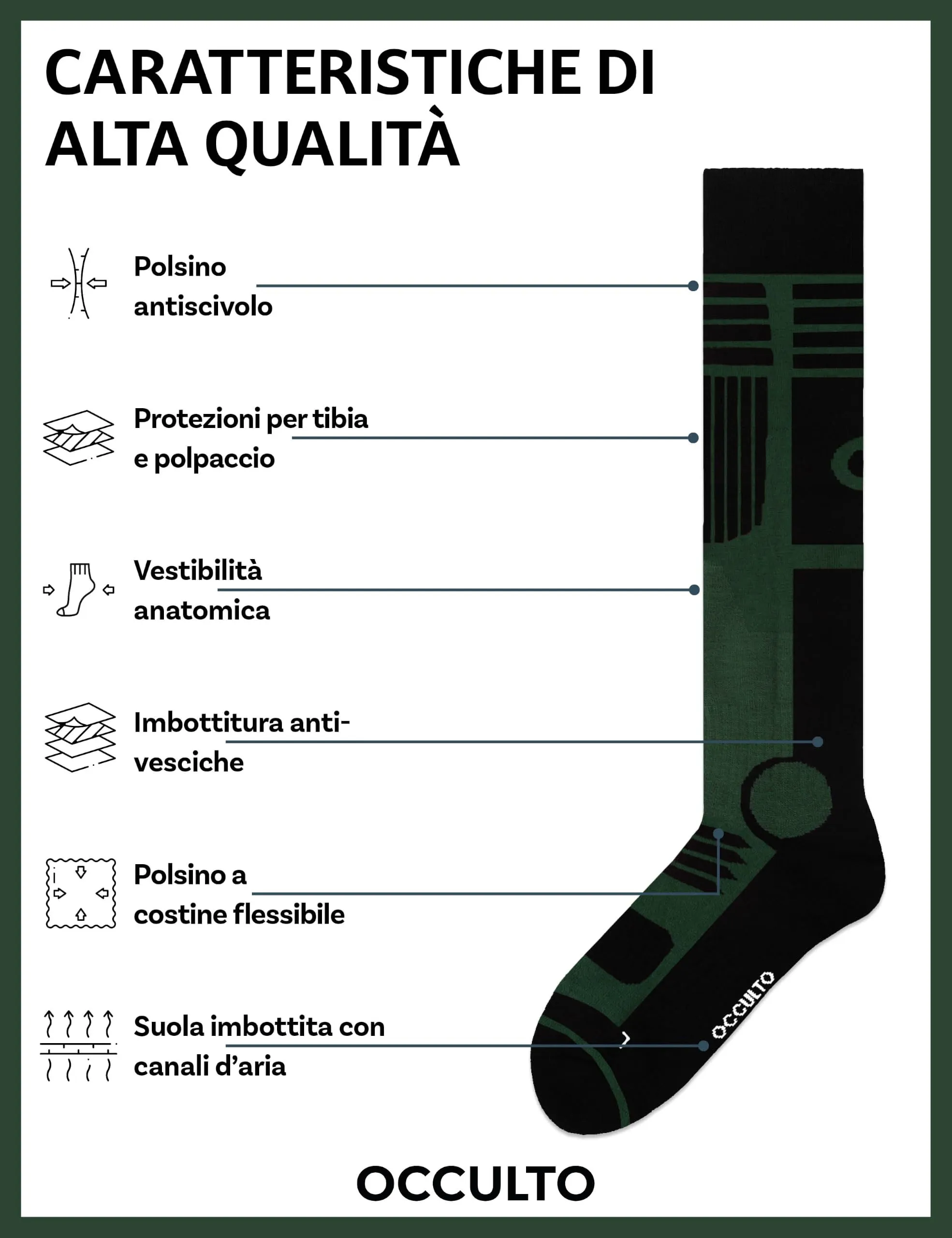 Occulto Calze da Sci Uomo Felix, 2 Paia, Nero Verde, 43-46 - immagine 2