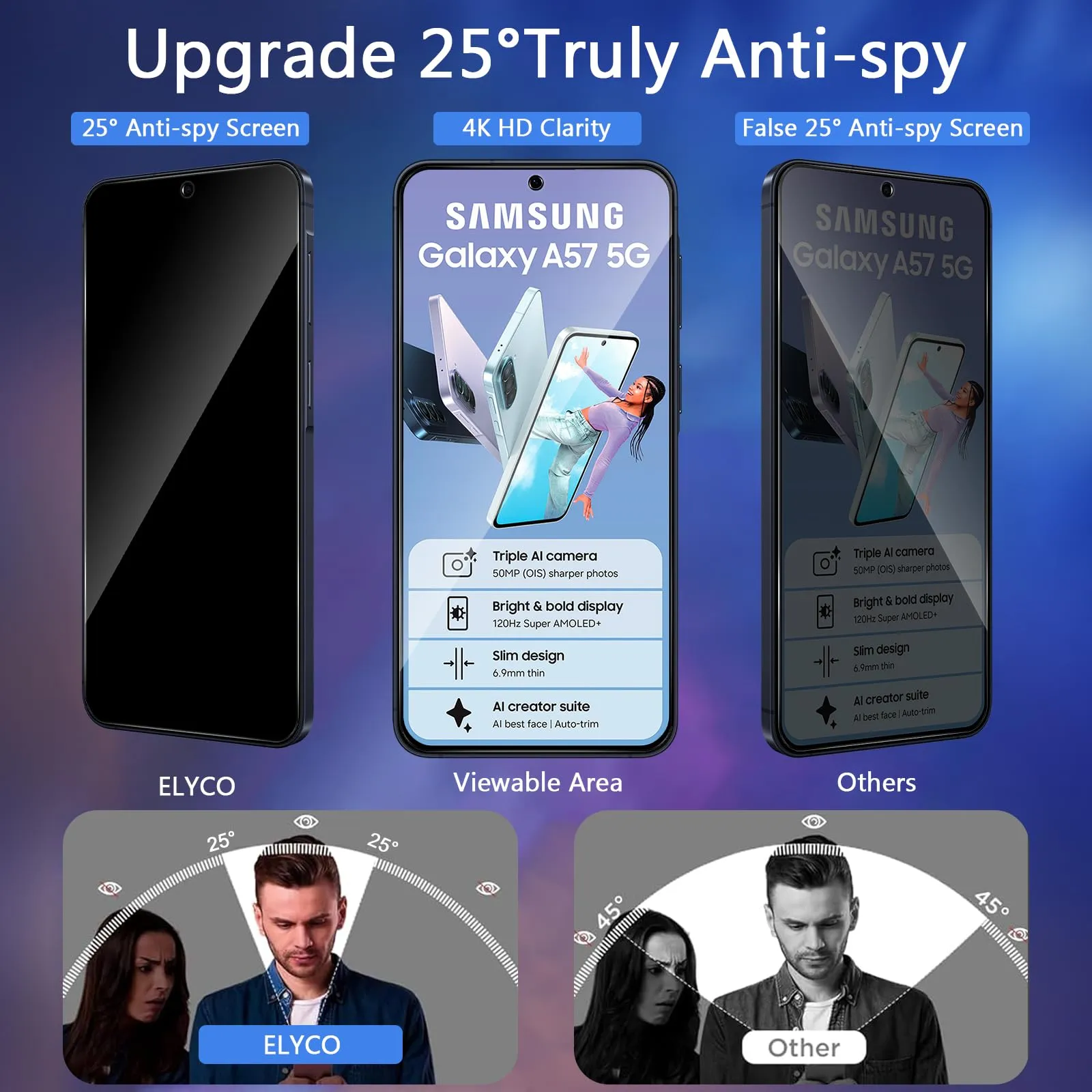 ELYCO Vetro Temperato Privacy per Samsung Galaxy A57 5G, 2+2 Pezzi - immagine 2