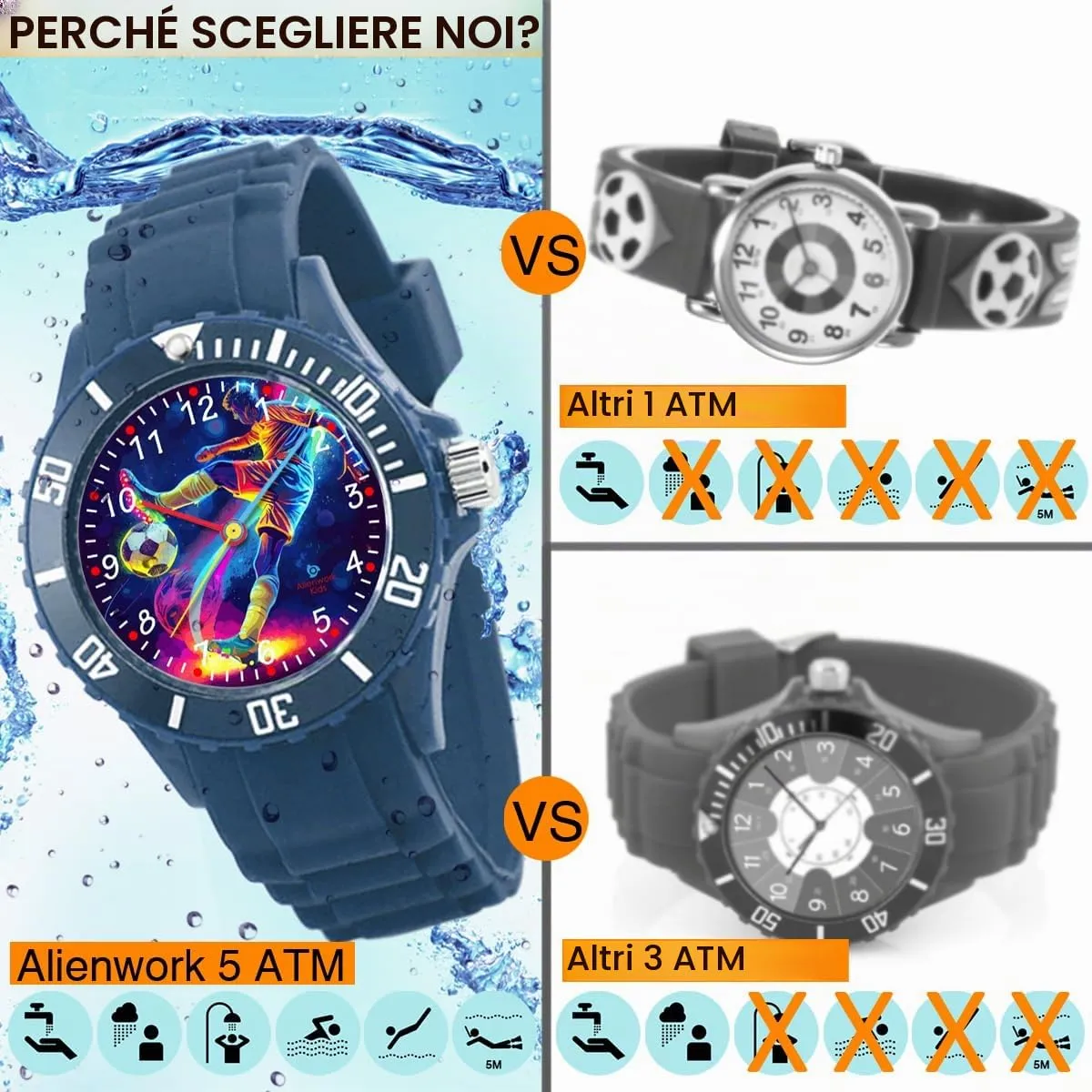 Alienwork Calcio Orologio di Apprendimento per Bambini, Blu Marino, Bracciale in Silicone, Impermeabile 5 ATM - immagine 5