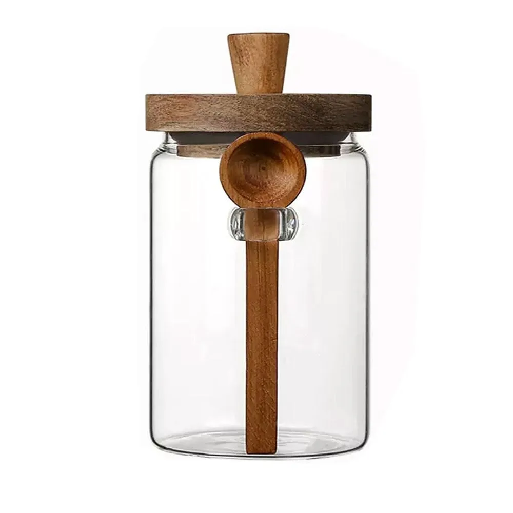 Barattoli in vetro con coperchio e cucchiaio in legno per alimenti, spezie, tè, caffè e zucchero, 750 ml - immagine 1