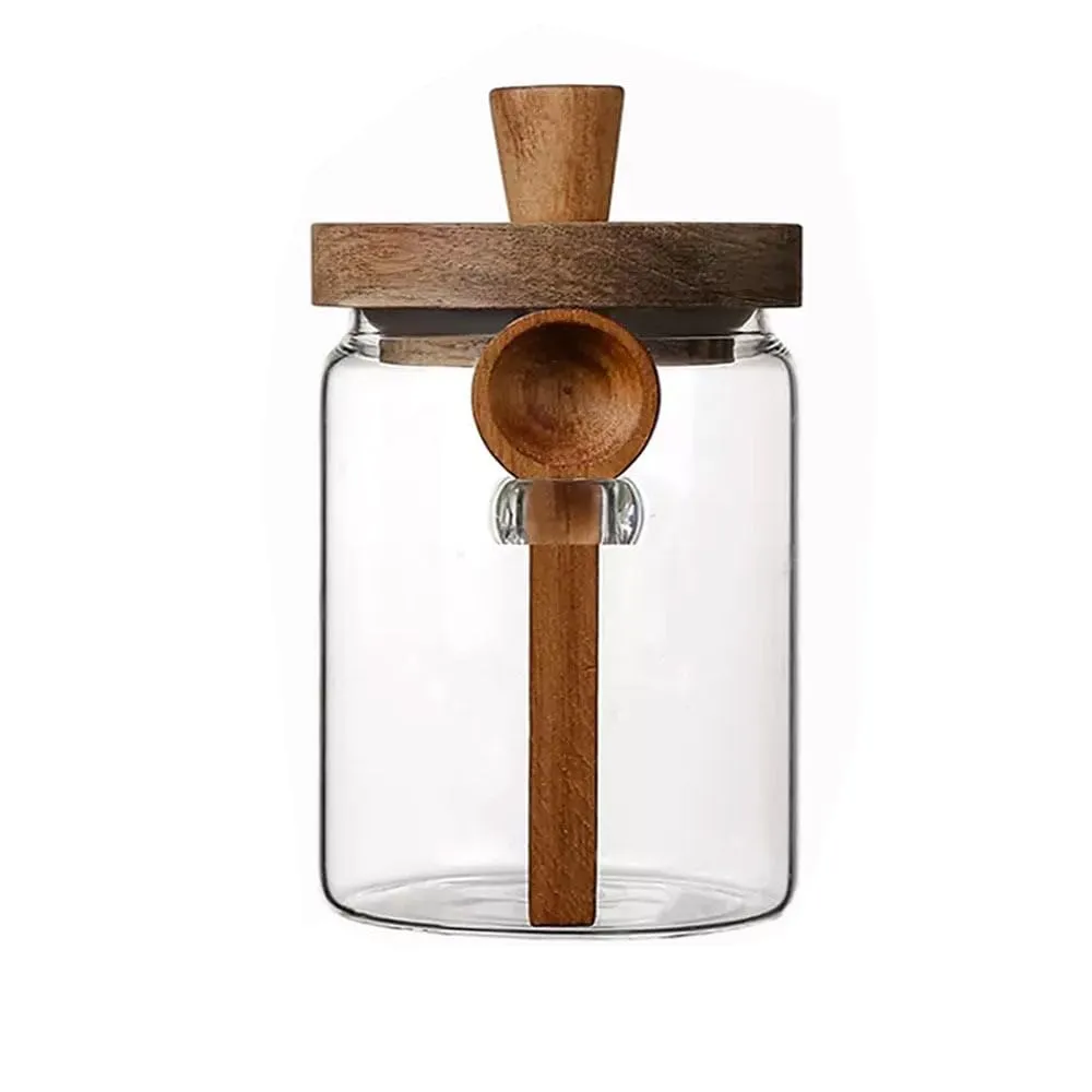 Barattoli in vetro con coperchio e cucchiaio in legno per alimenti, spezie, tè, caffè e zucchero, 750 ml - immagine 5