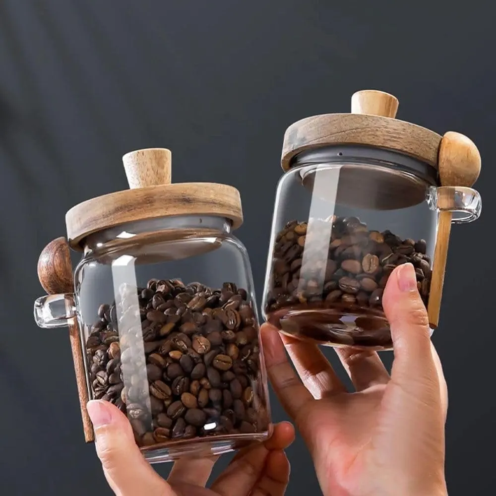 Barattoli in vetro con coperchio e cucchiaio in legno per alimenti, spezie, tè, caffè e zucchero, 750 ml - immagine 6