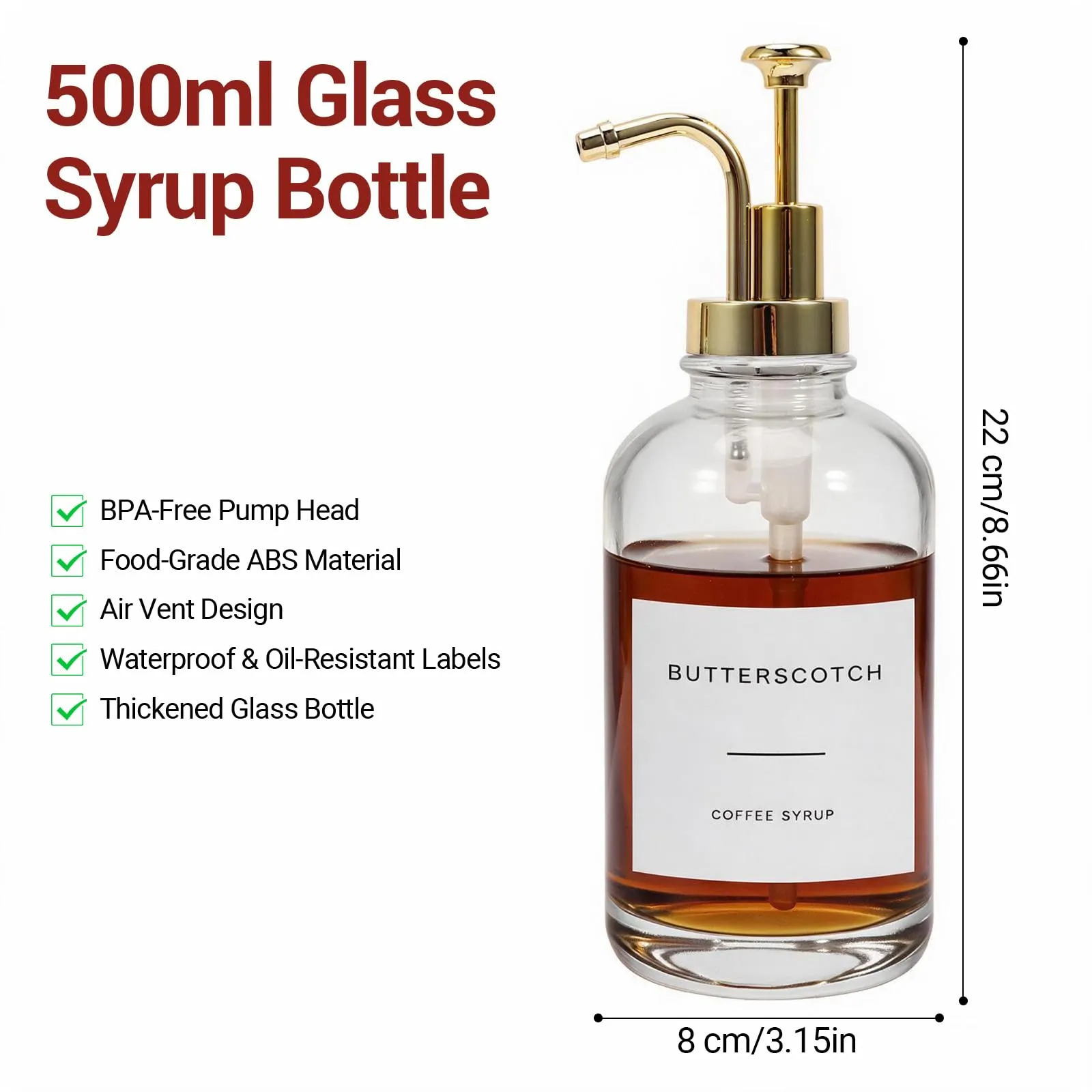 AuraNova Dispenser per Sciroppo Caffè, Bottiglie in Vetro con Pompa Dorata, Set da 2, 500 ml, 36 Etichette e Imbuto in Silicone - immagine 2